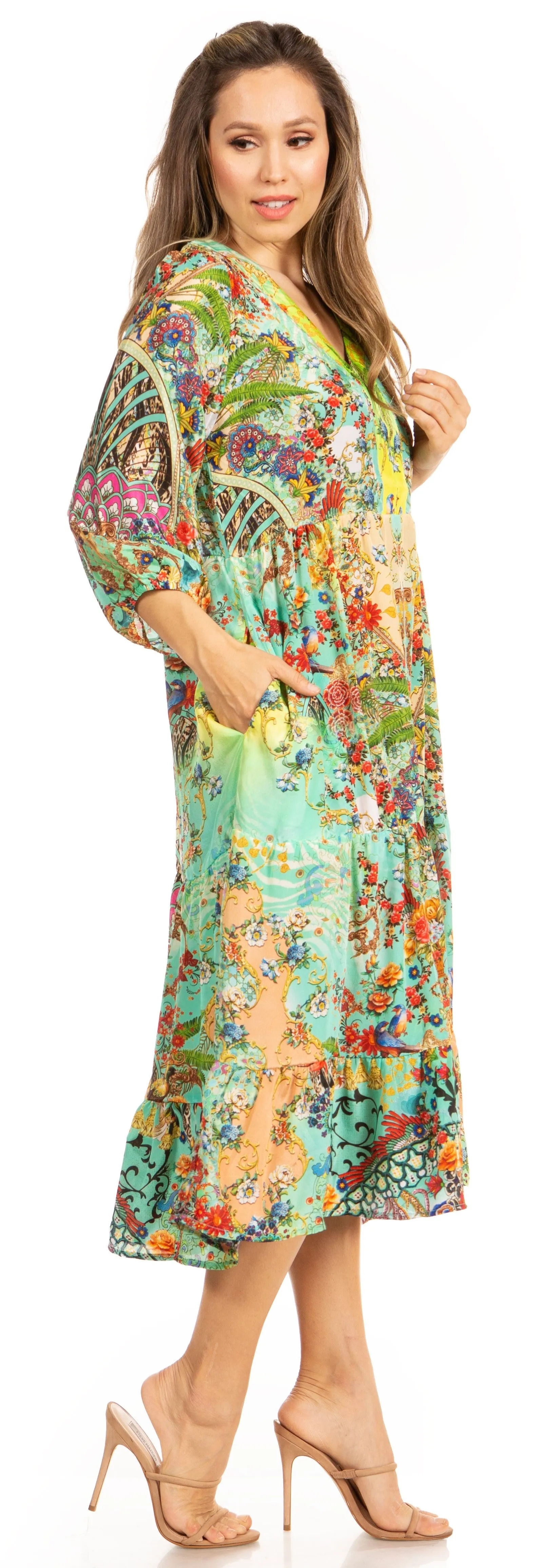 Sakkas Sole Women's Boho Floral Print V-Neck Midi Dress with Long Sleeves