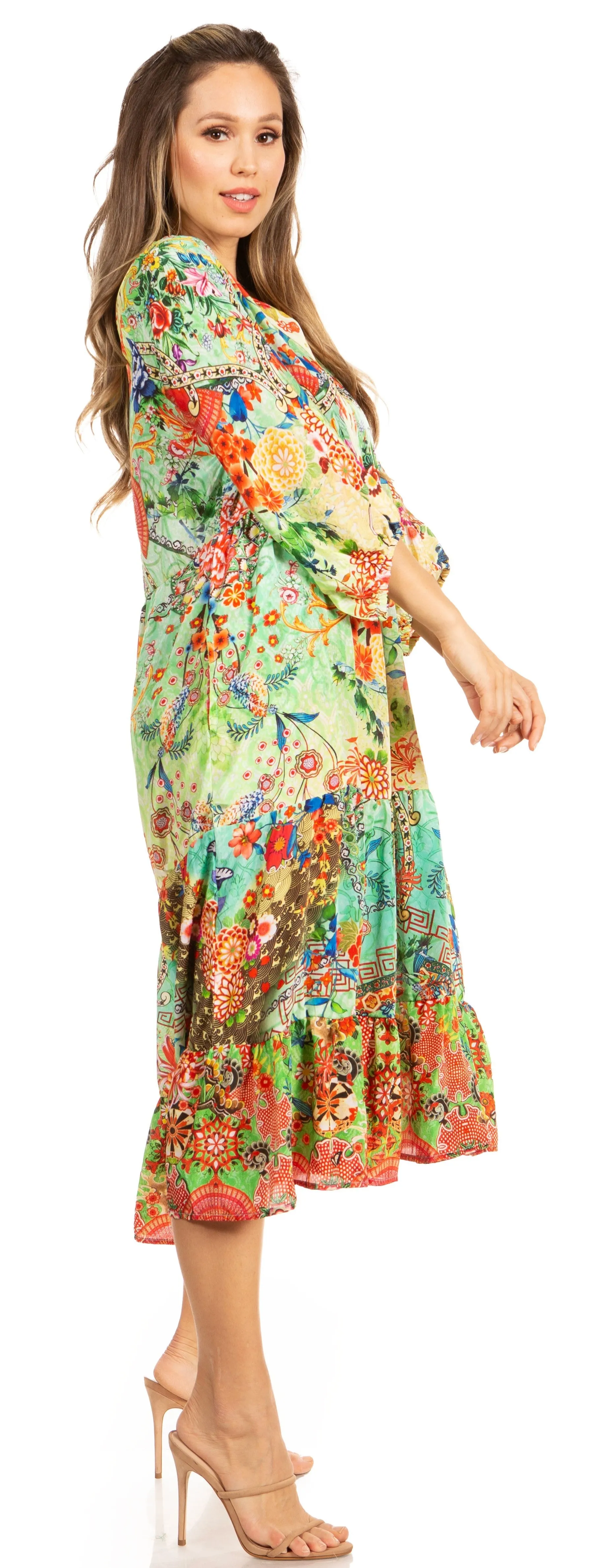 Sakkas Sole Women's Boho Floral Print V-Neck Midi Dress with Long Sleeves