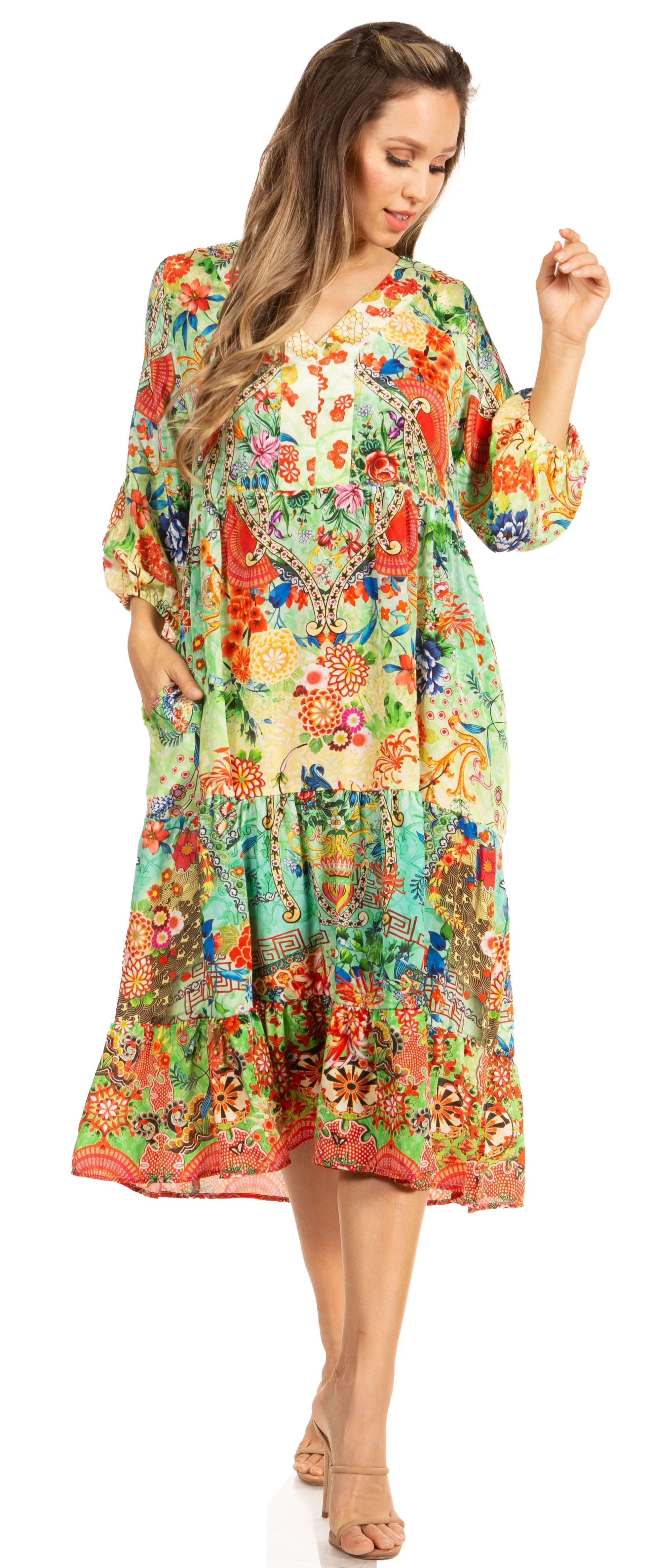 Sakkas Sole Women's Boho Floral Print V-Neck Midi Dress with Long Sleeves