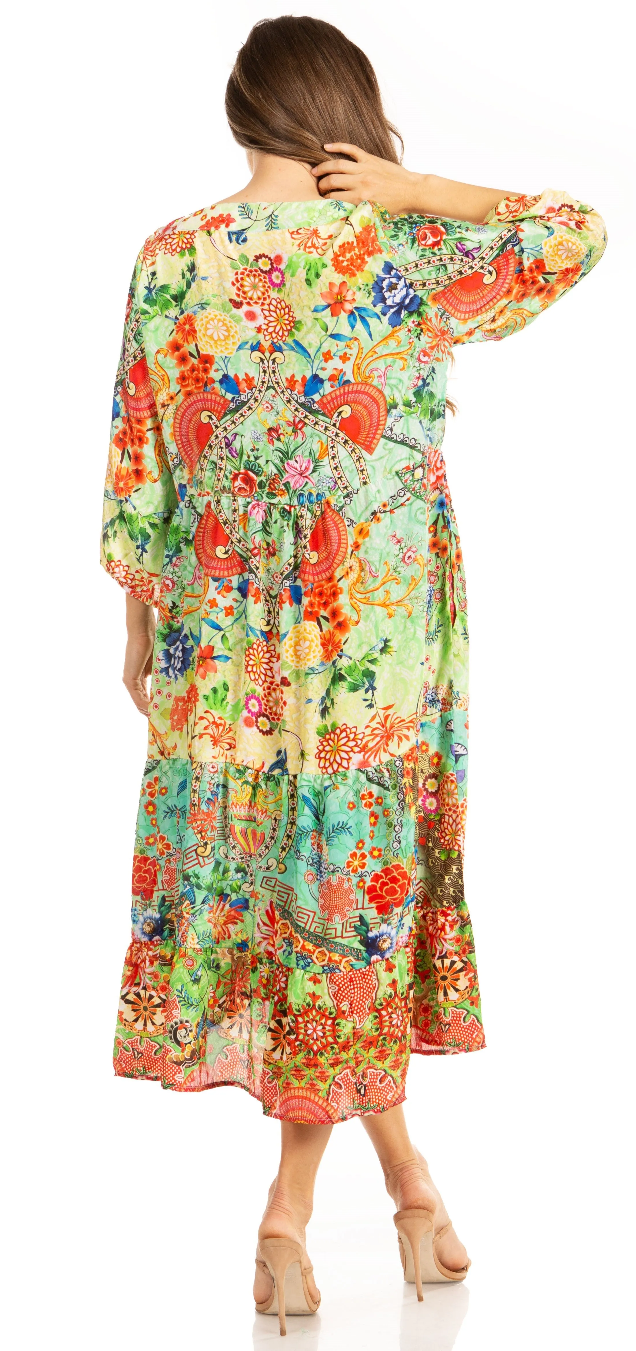 Sakkas Sole Women's Boho Floral Print V-Neck Midi Dress with Long Sleeves