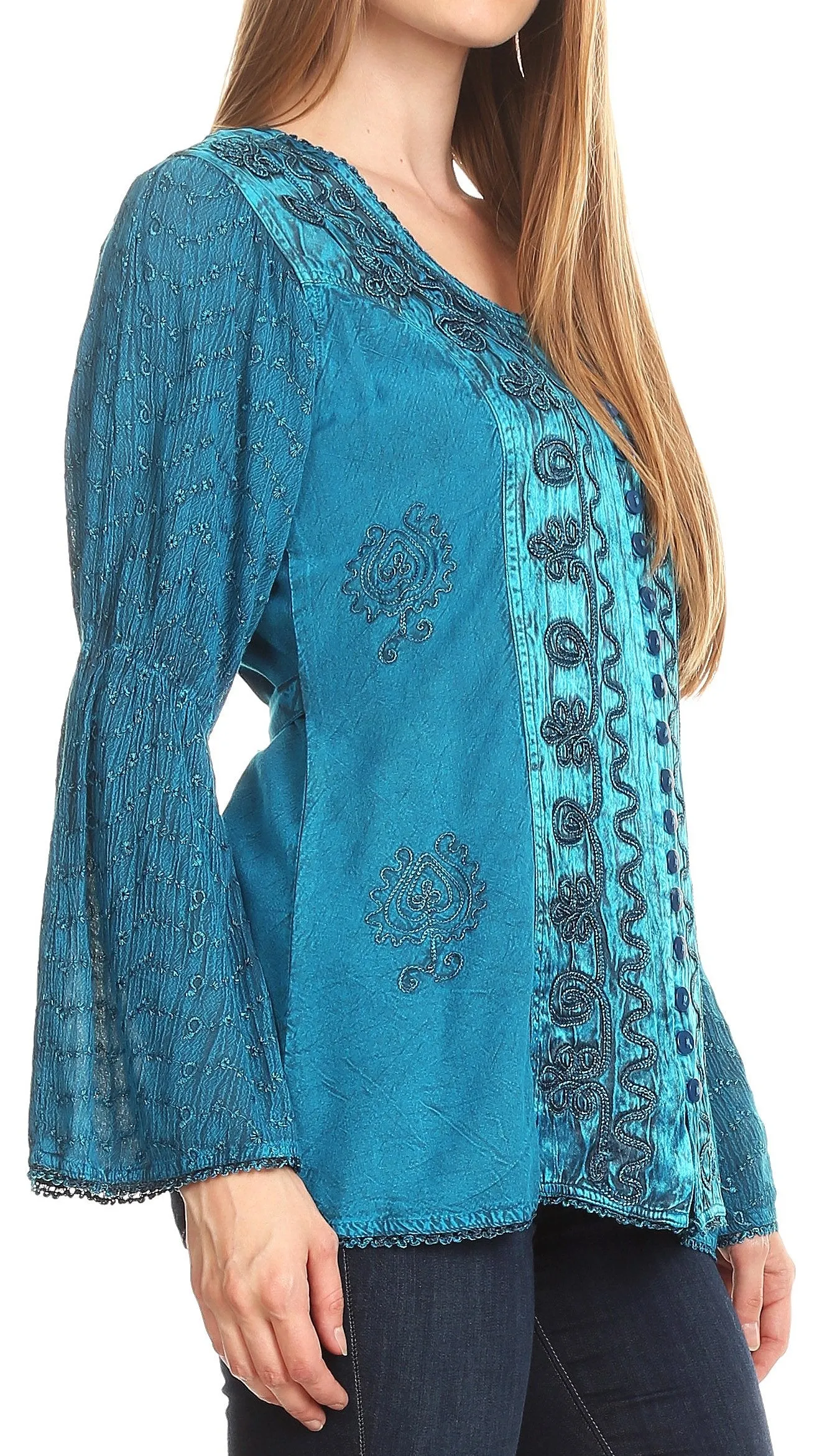 Sakkas Soraya Embroidered Eyelet Button Down Blouse Top with Long Sleeves and Ties