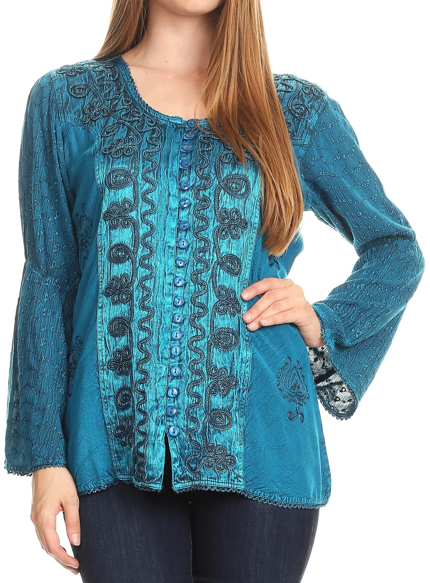 Sakkas Soraya Embroidered Eyelet Button Down Blouse Top with Long Sleeves and Ties