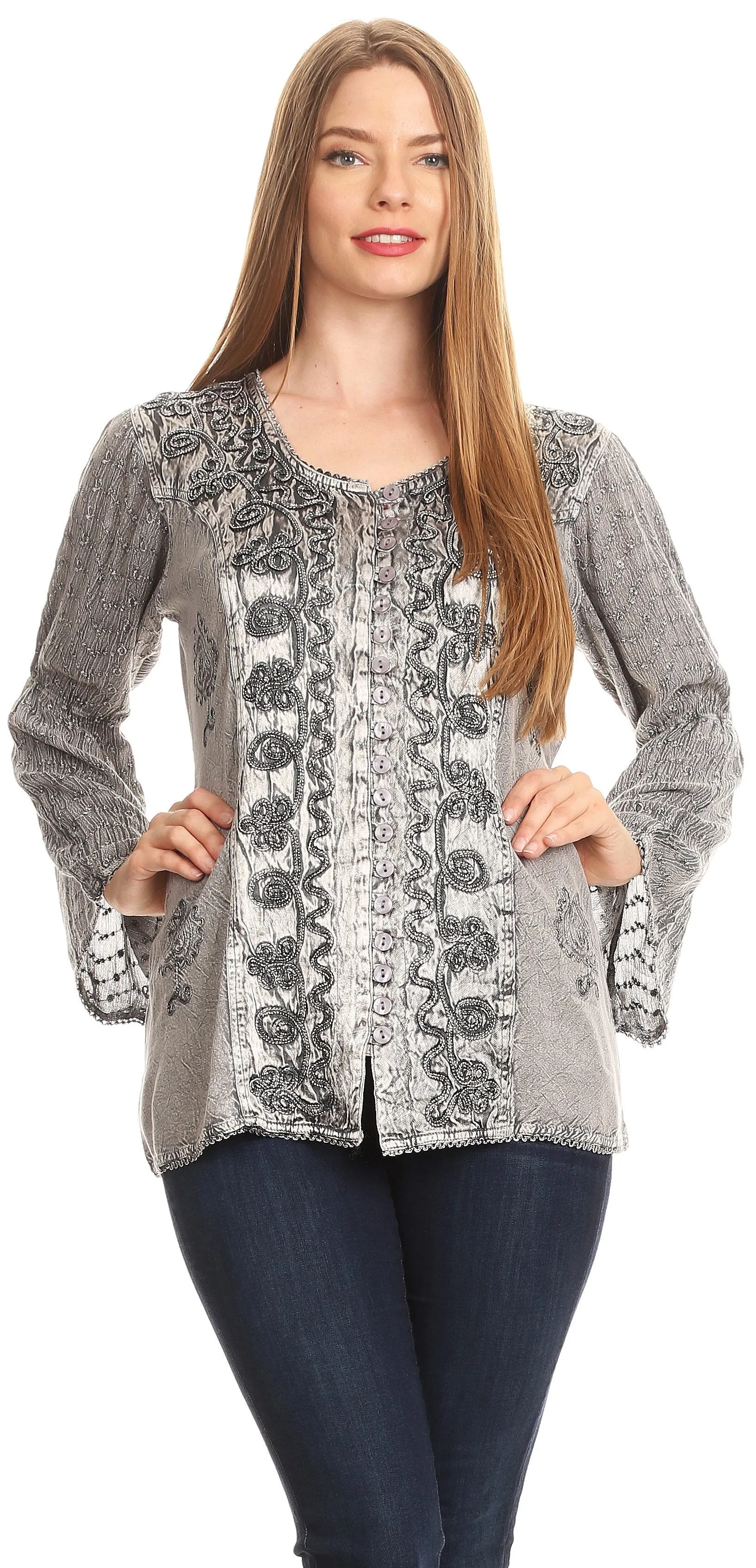 Sakkas Soraya Embroidered Eyelet Button Down Blouse Top with Long Sleeves and Ties