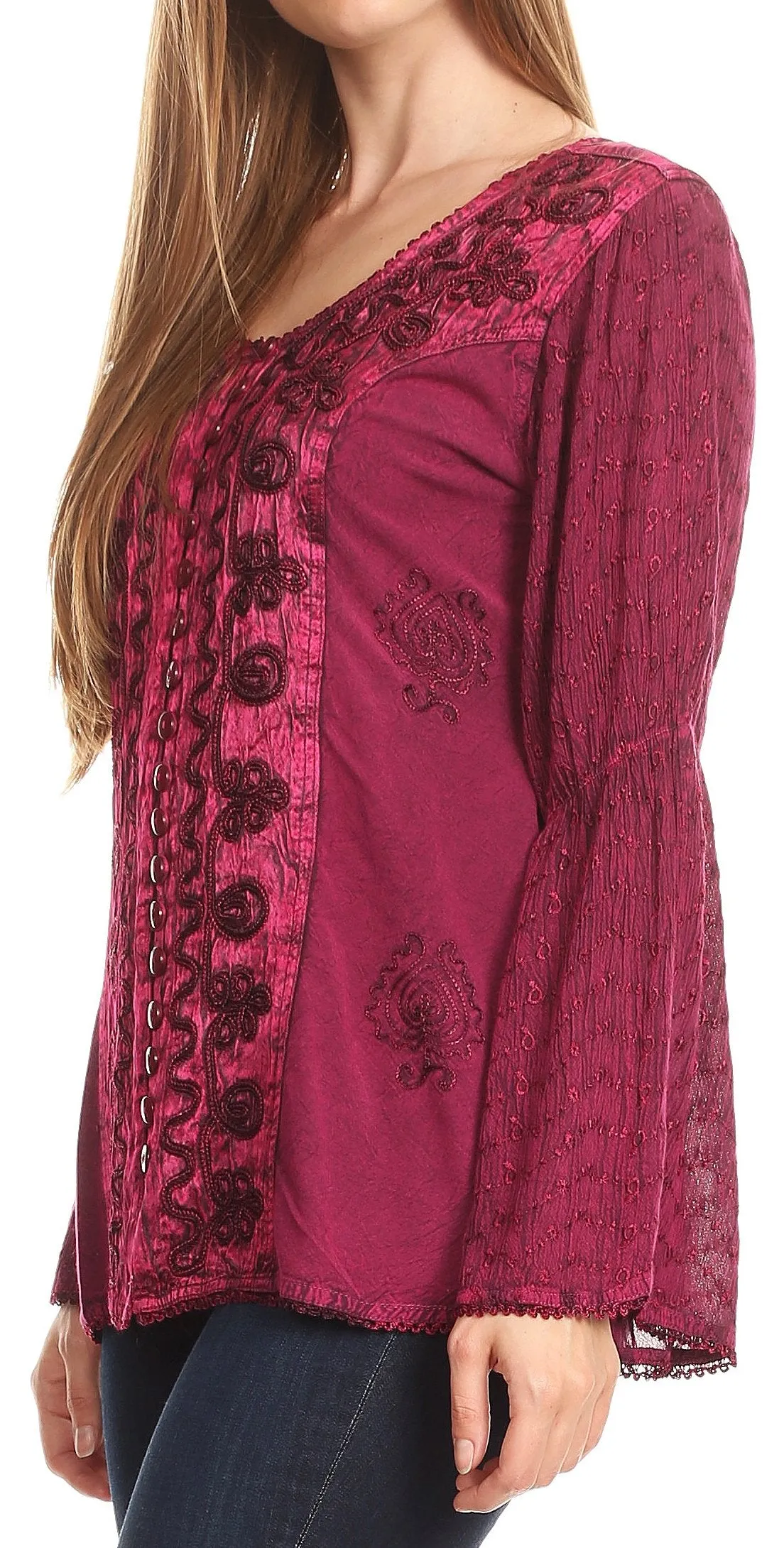 Sakkas Soraya Embroidered Eyelet Button Down Blouse Top with Long Sleeves and Ties