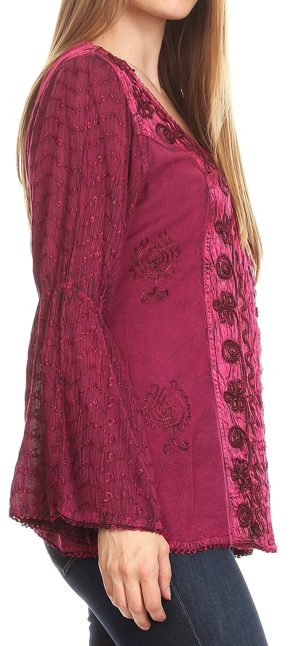 Sakkas Soraya Embroidered Eyelet Button Down Blouse Top with Long Sleeves and Ties