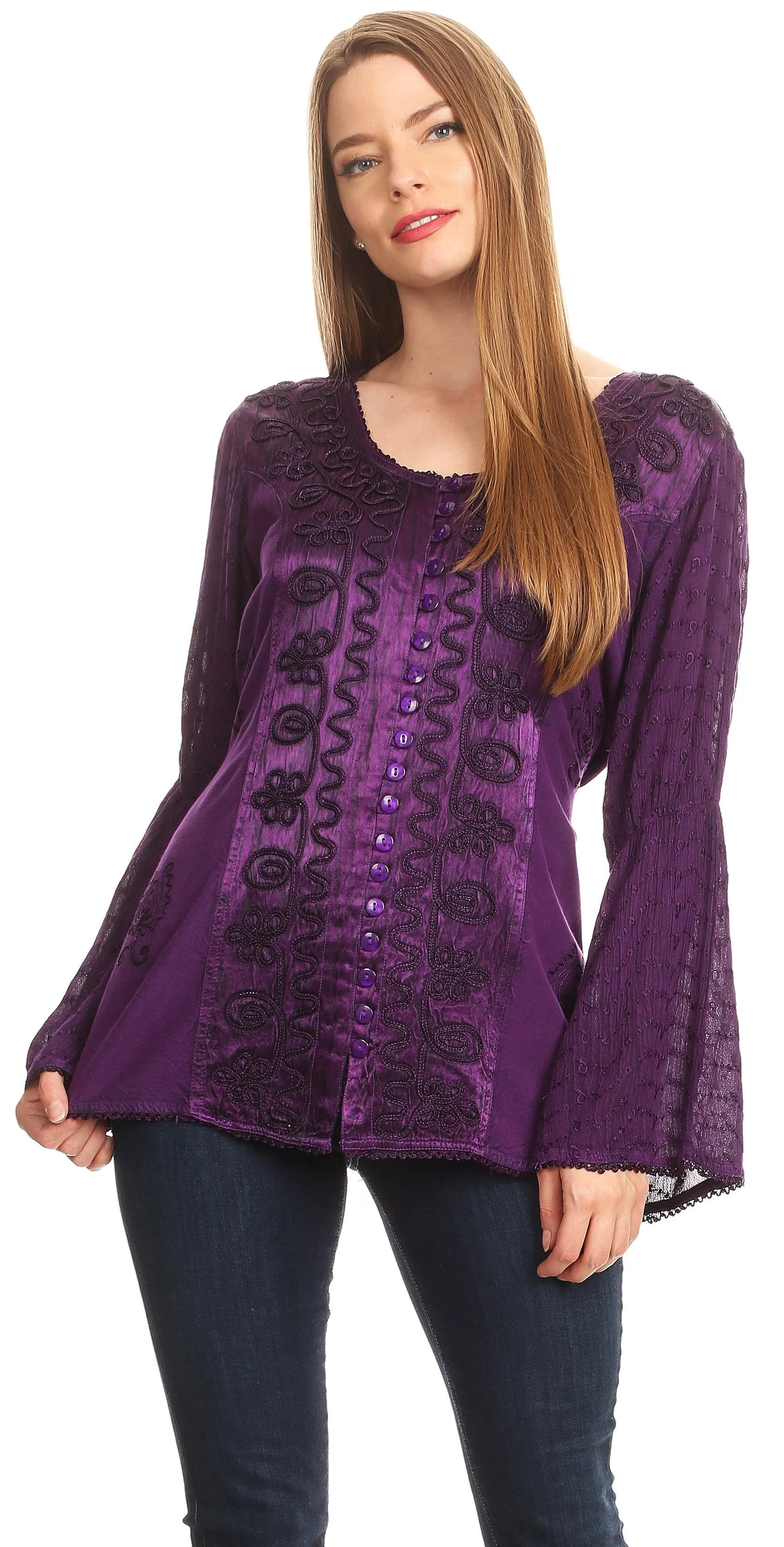 Sakkas Soraya Embroidered Eyelet Button Down Blouse Top with Long Sleeves and Ties