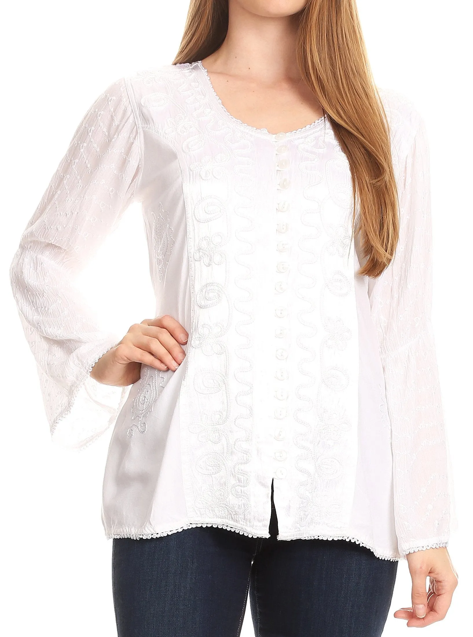 Sakkas Soraya Embroidered Eyelet Button Down Blouse Top with Long Sleeves and Ties