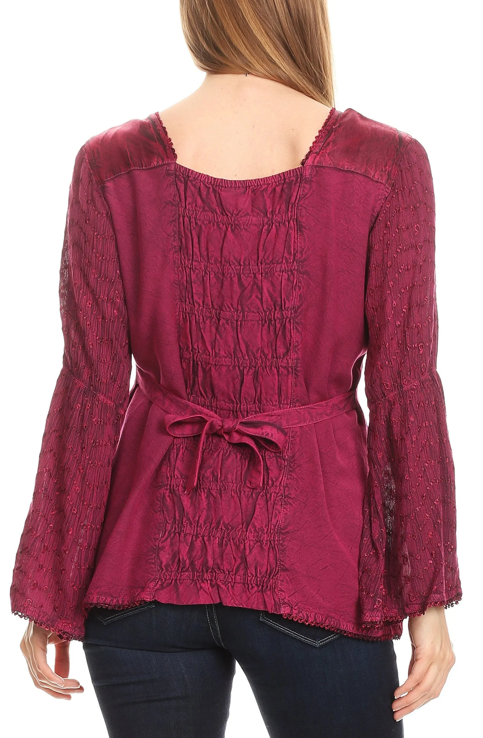 Sakkas Soraya Embroidered Eyelet Button Down Blouse Top with Long Sleeves and Ties