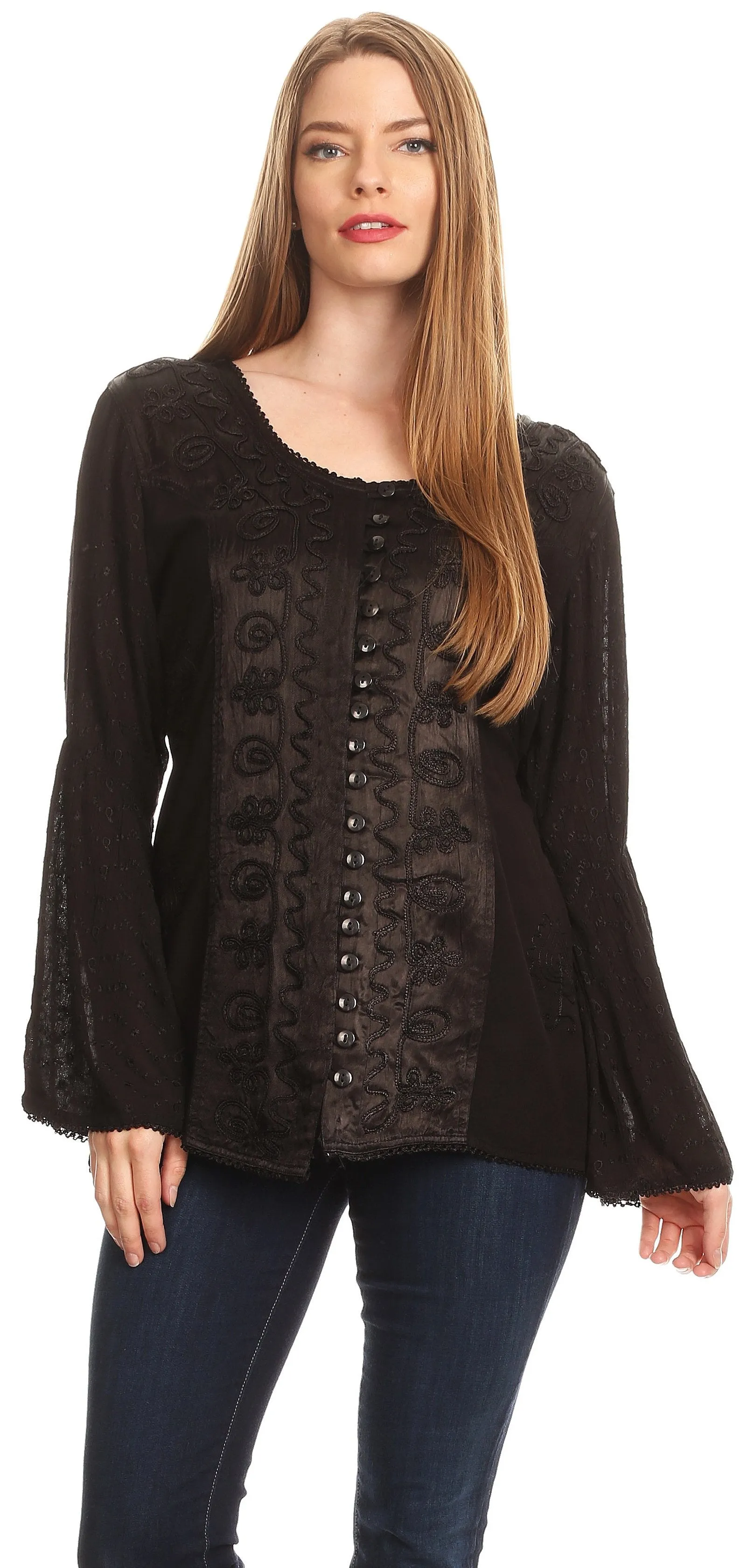 Sakkas Soraya Embroidered Eyelet Button Down Blouse Top with Long Sleeves and Ties