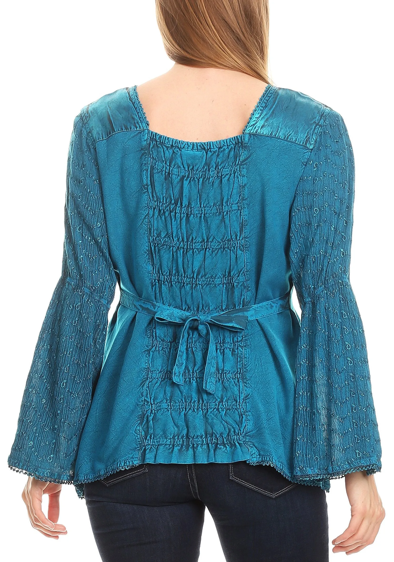 Sakkas Soraya Embroidered Eyelet Button Down Blouse Top with Long Sleeves and Ties