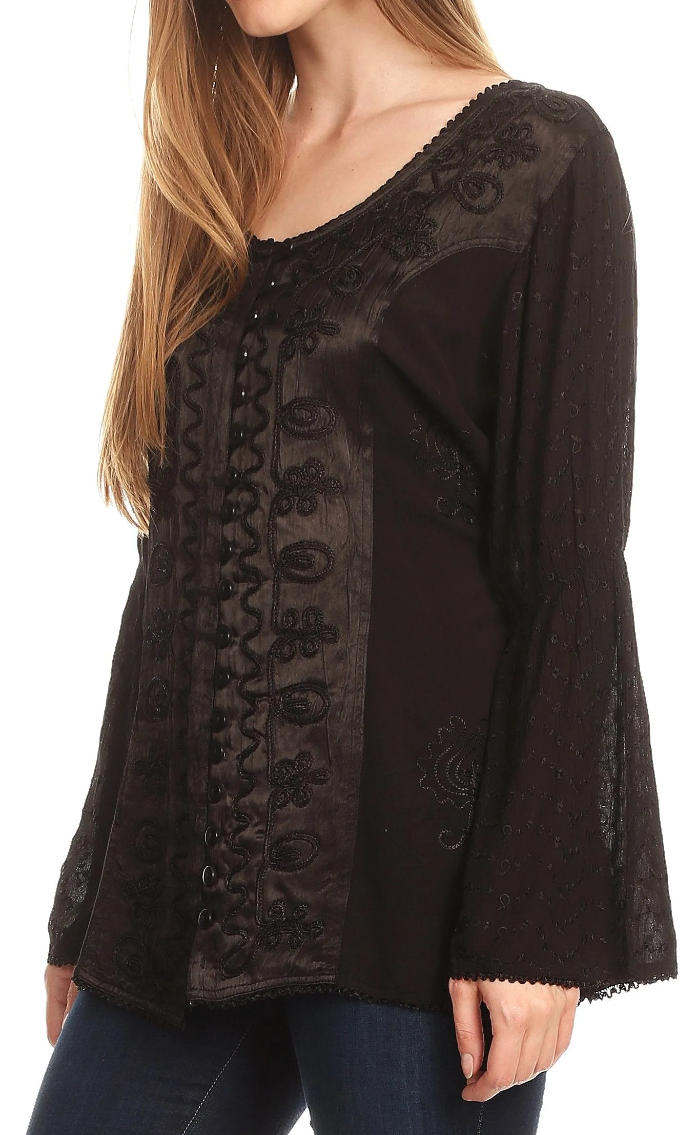 Sakkas Soraya Embroidered Eyelet Button Down Blouse Top with Long Sleeves and Ties