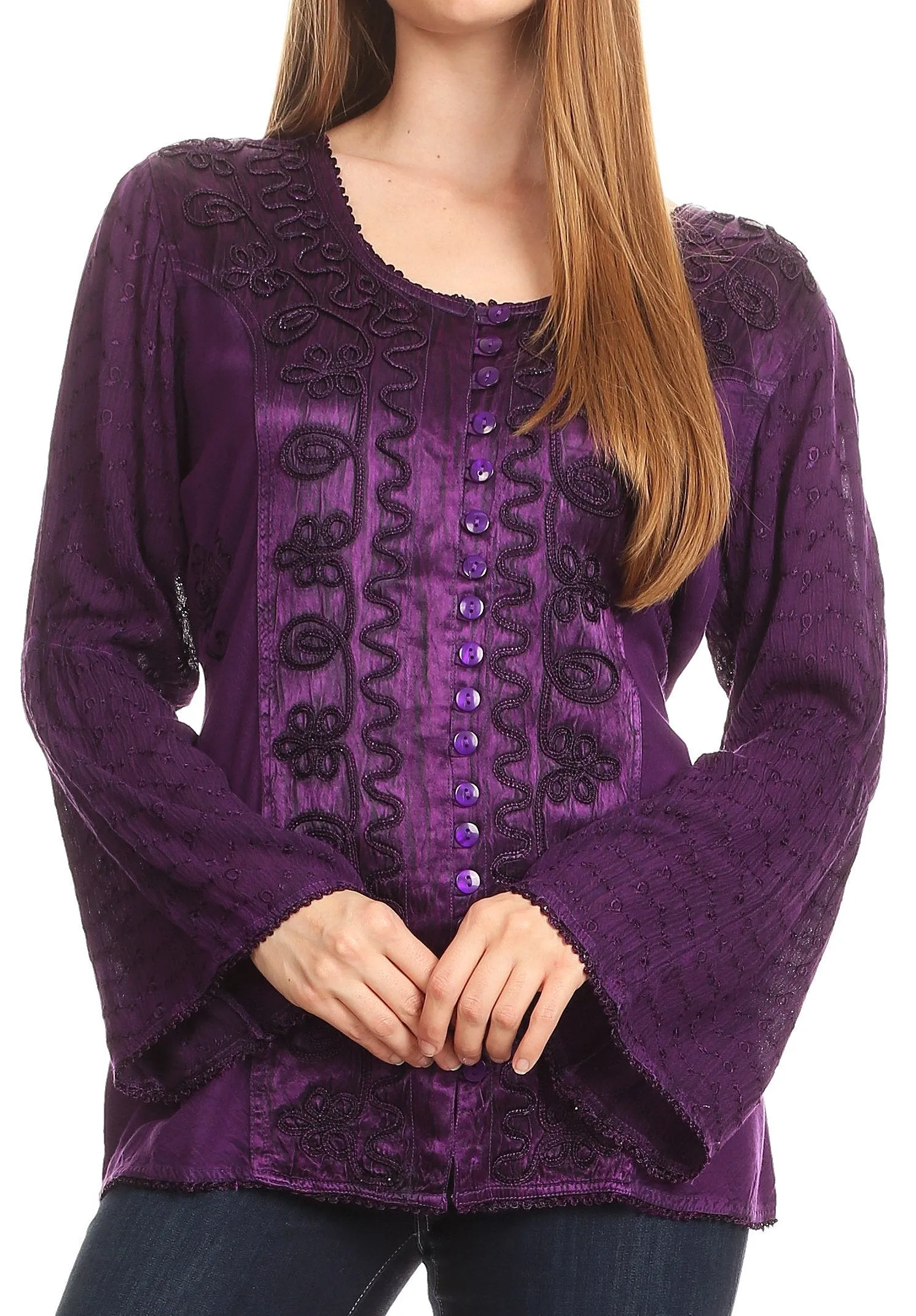 Sakkas Soraya Embroidered Eyelet Button Down Blouse Top with Long Sleeves and Ties