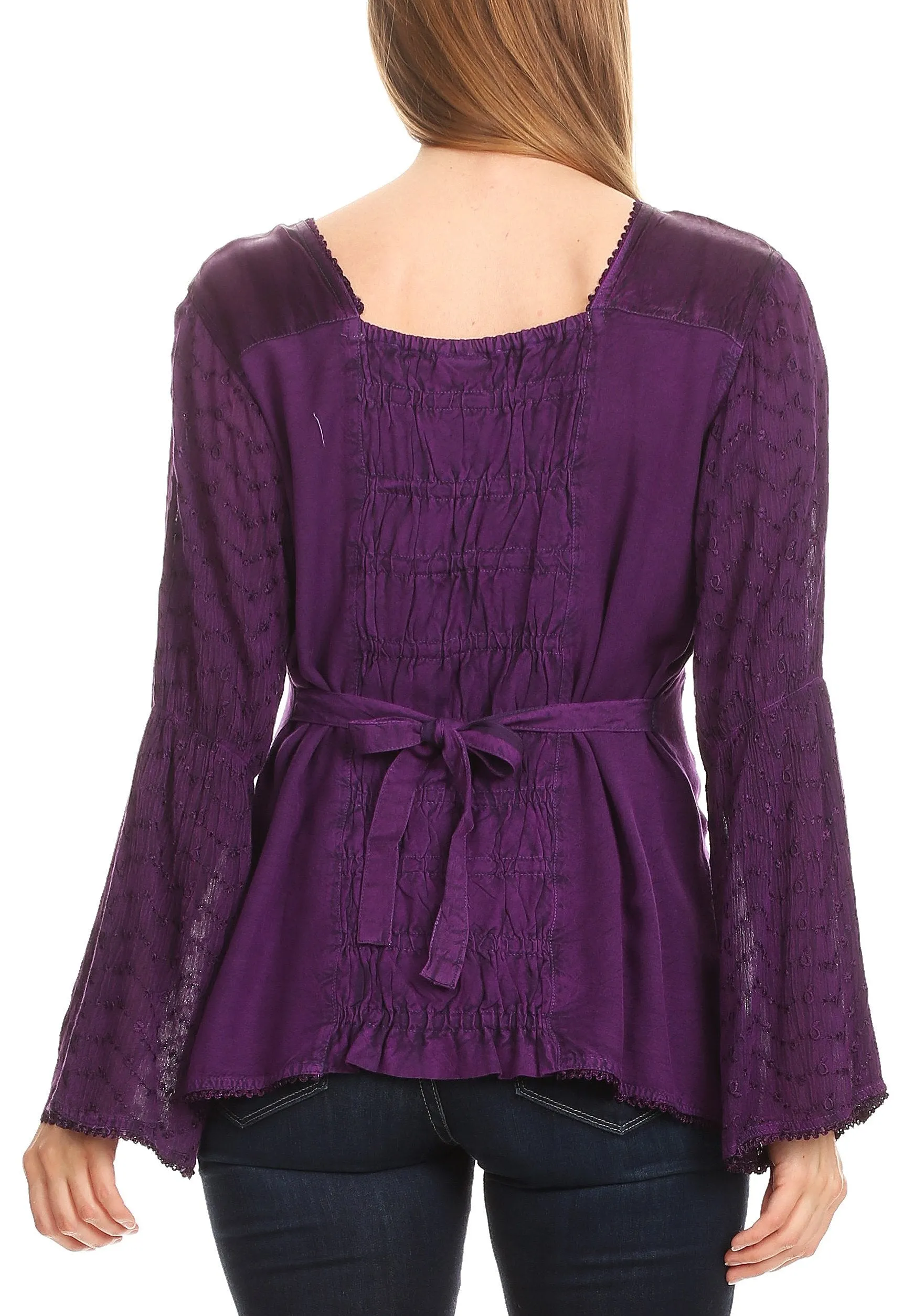 Sakkas Soraya Embroidered Eyelet Button Down Blouse Top with Long Sleeves and Ties