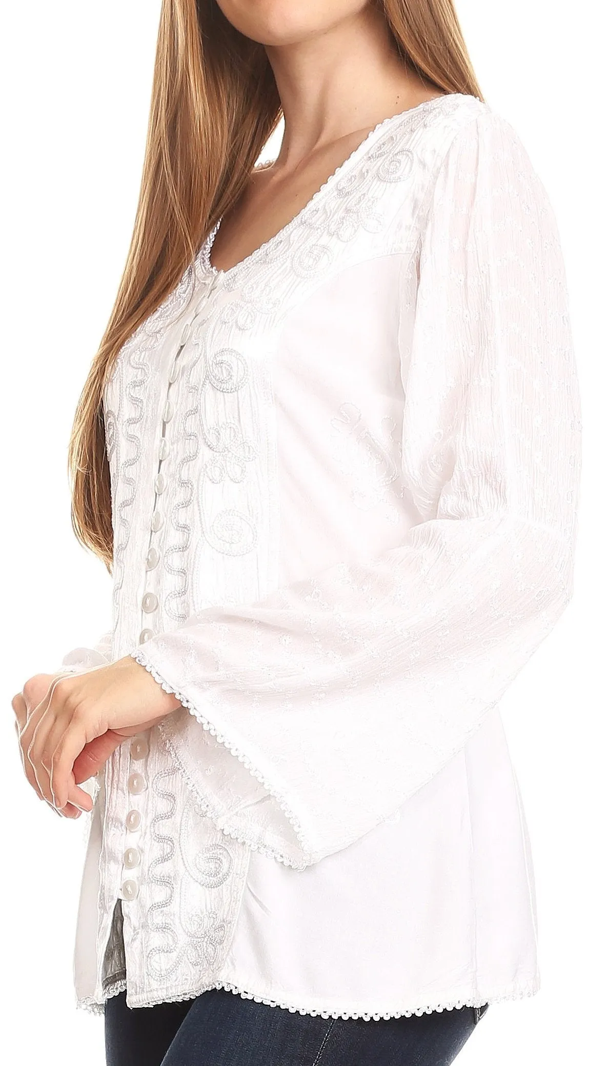 Sakkas Soraya Embroidered Eyelet Button Down Blouse Top with Long Sleeves and Ties