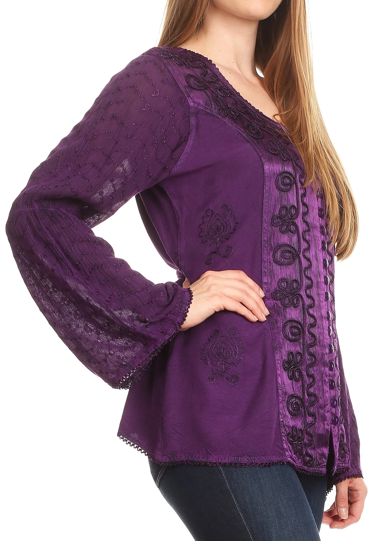 Sakkas Soraya Embroidered Eyelet Button Down Blouse Top with Long Sleeves and Ties