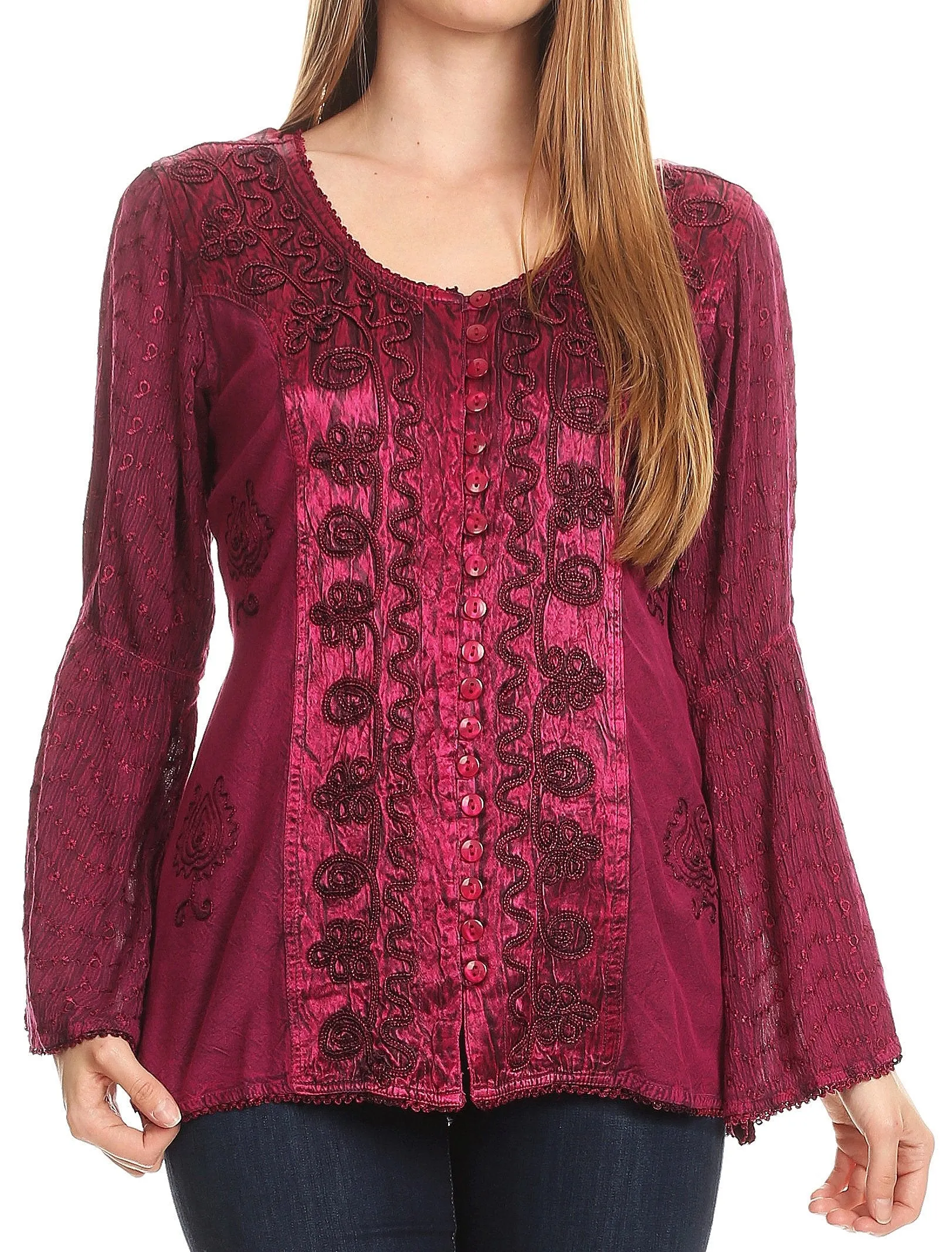 Sakkas Soraya Embroidered Eyelet Button Down Blouse Top with Long Sleeves and Ties