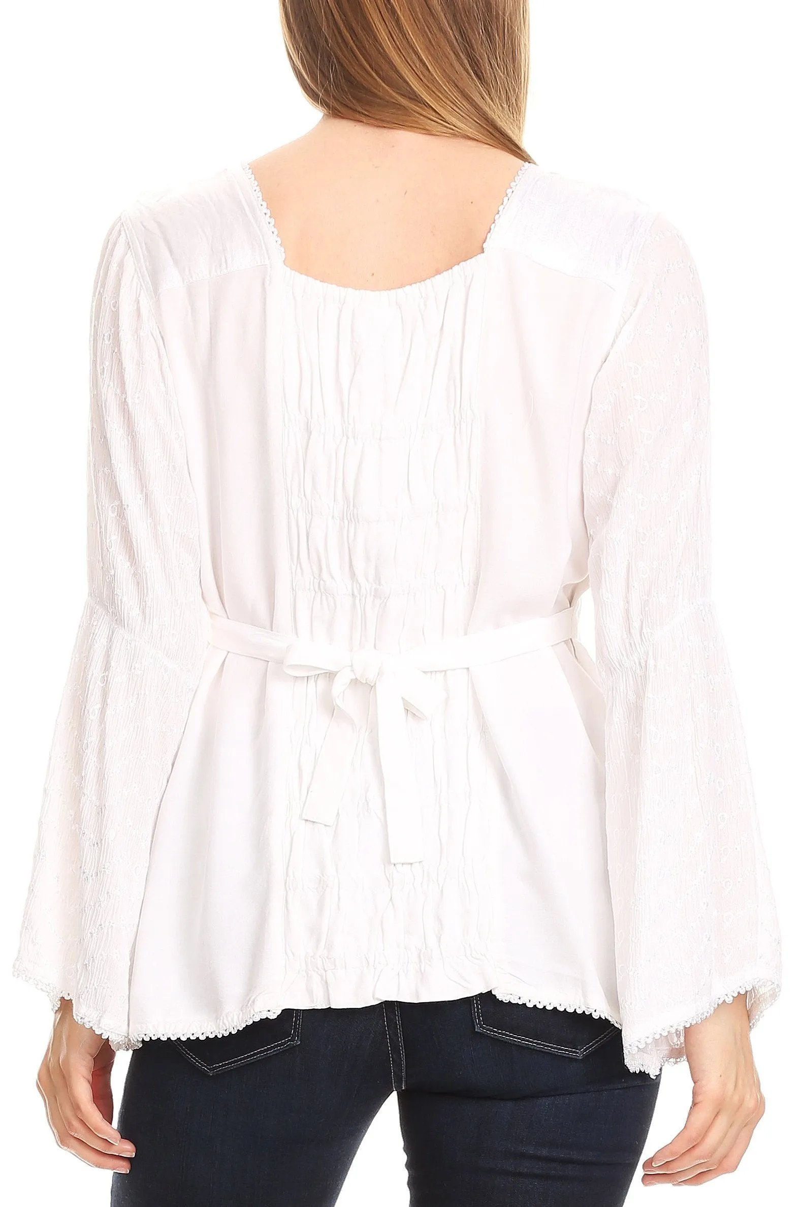 Sakkas Soraya Embroidered Eyelet Button Down Blouse Top with Long Sleeves and Ties