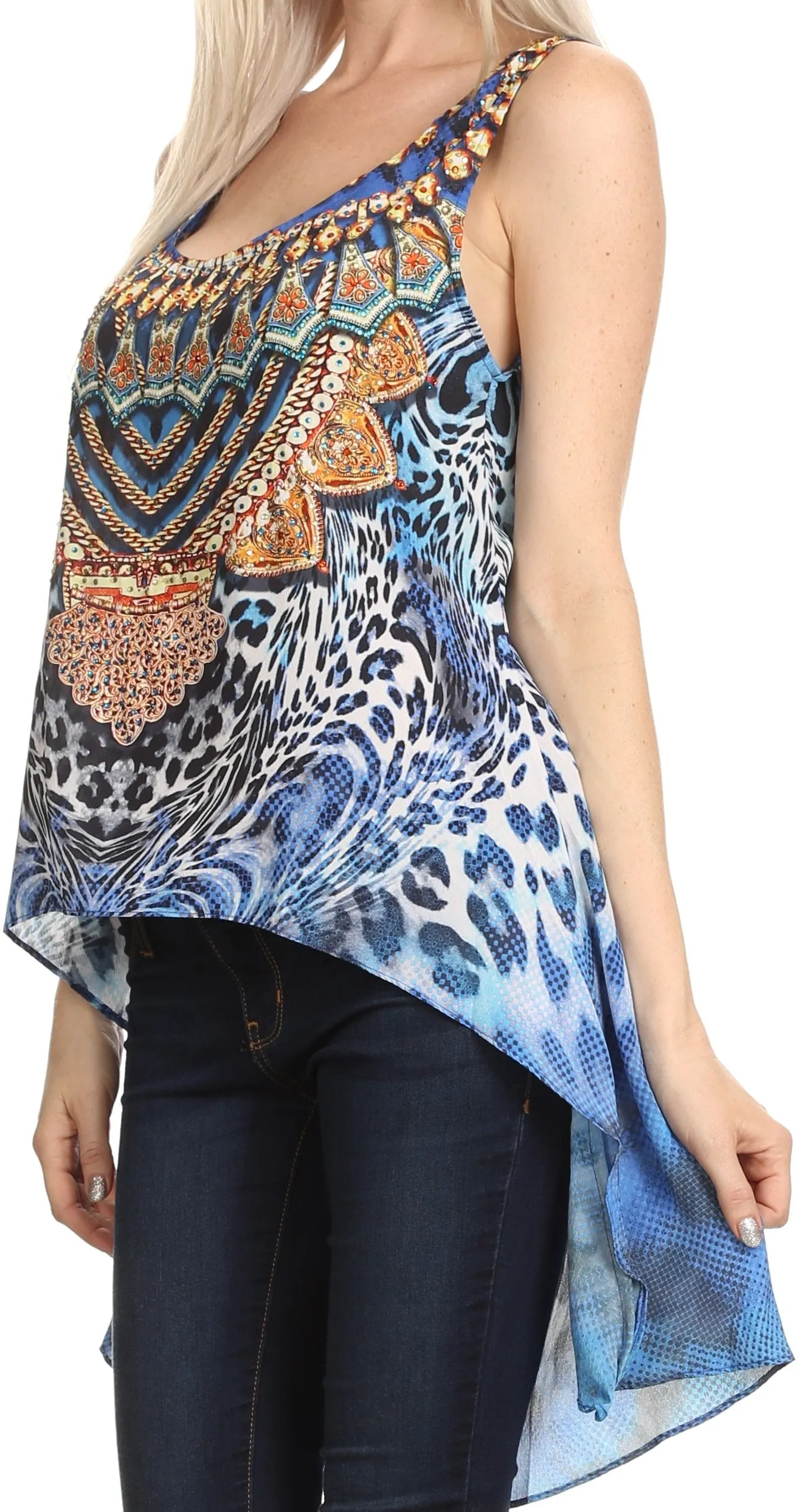 Sakkas Taryn Printed Hi Low U Scoop Neck Sleeveless Cover-up Tank Kaftan Tunic Top