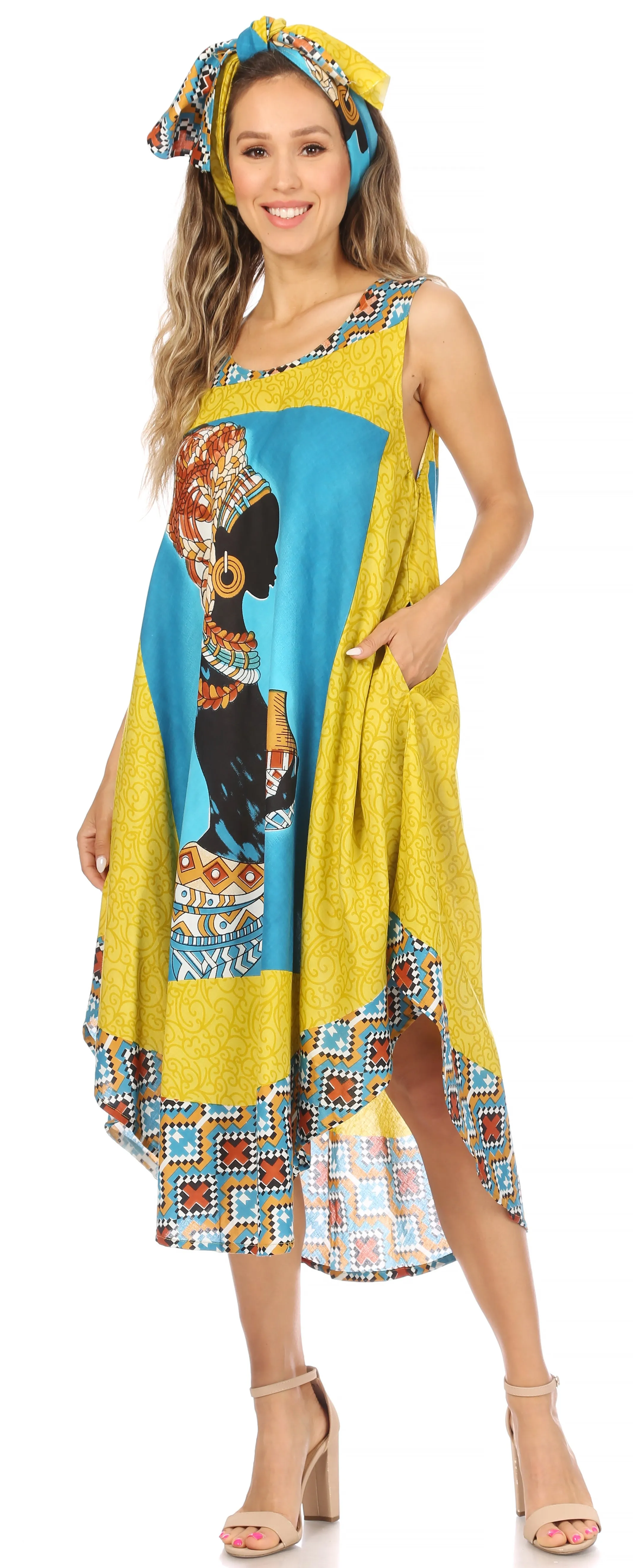 Sakkas Urbi Women's Casual African Print Beach Sleeveless Cover-up Caftan Dress