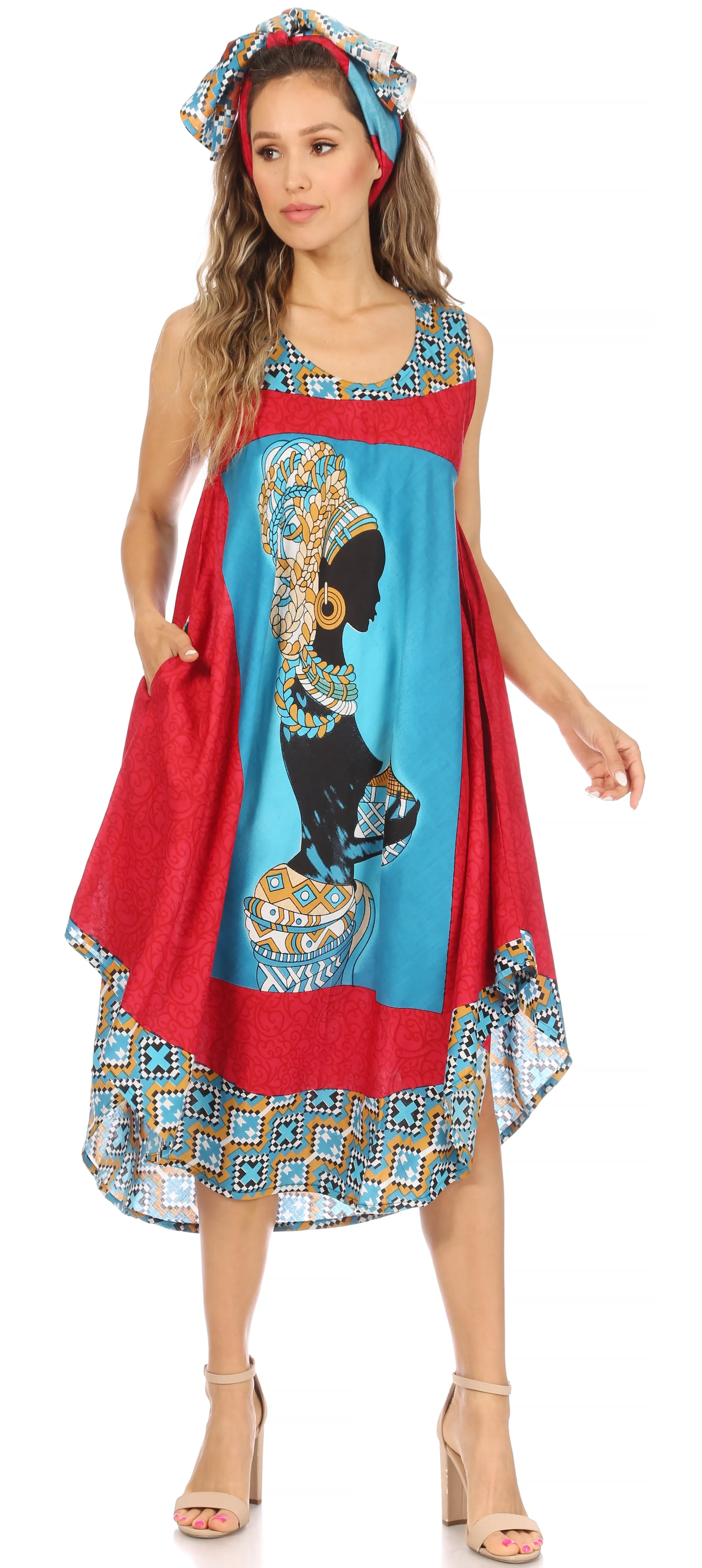 Sakkas Urbi Women's Casual African Print Beach Sleeveless Cover-up Caftan Dress