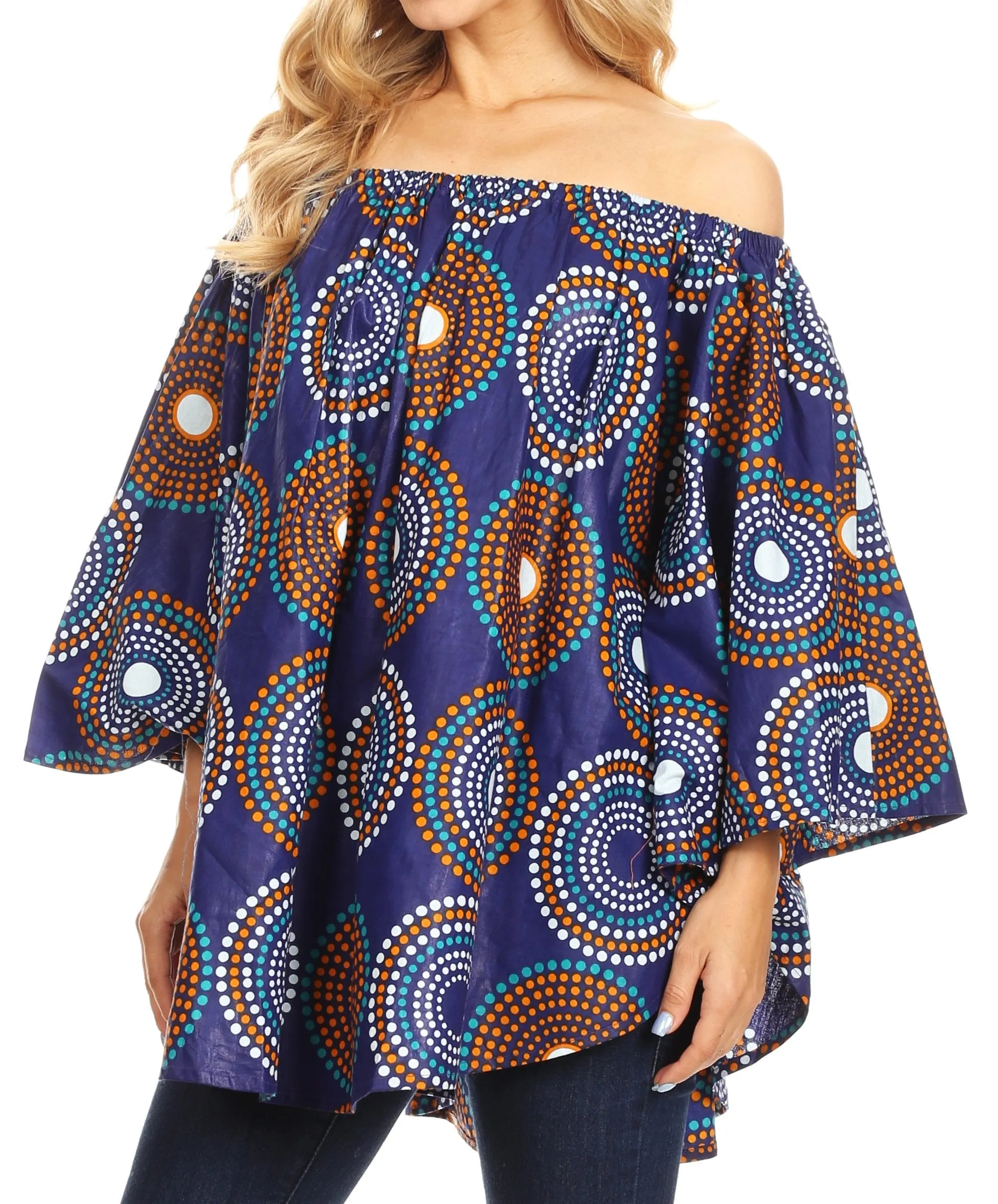 Sakkas Zane Off-shoulder Circle Poncho Top Blouse Relax Fit Elastic Neckline