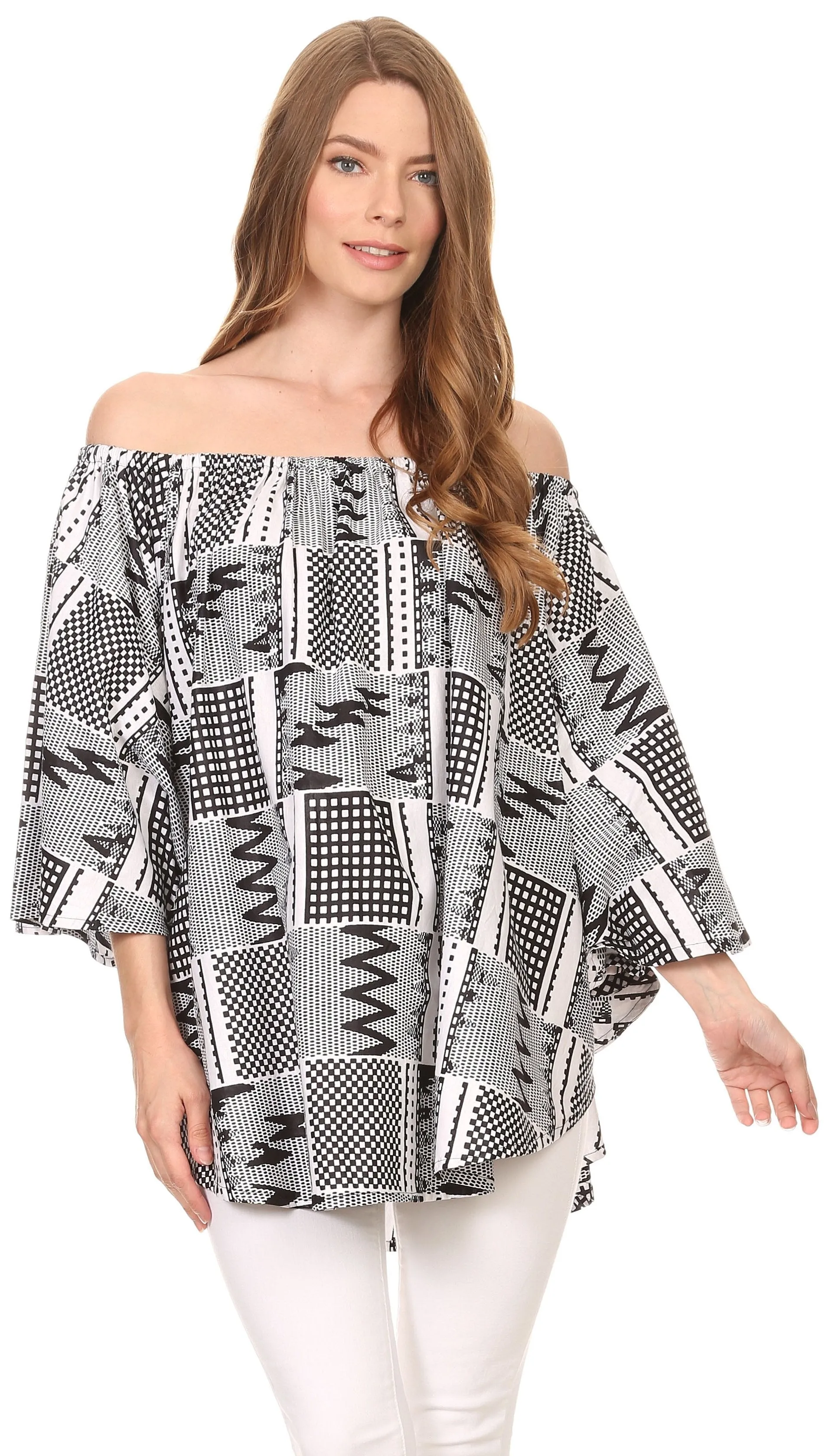 Sakkas Zane Off-shoulder Circle Poncho Top Blouse Relax Fit Elastic Neckline