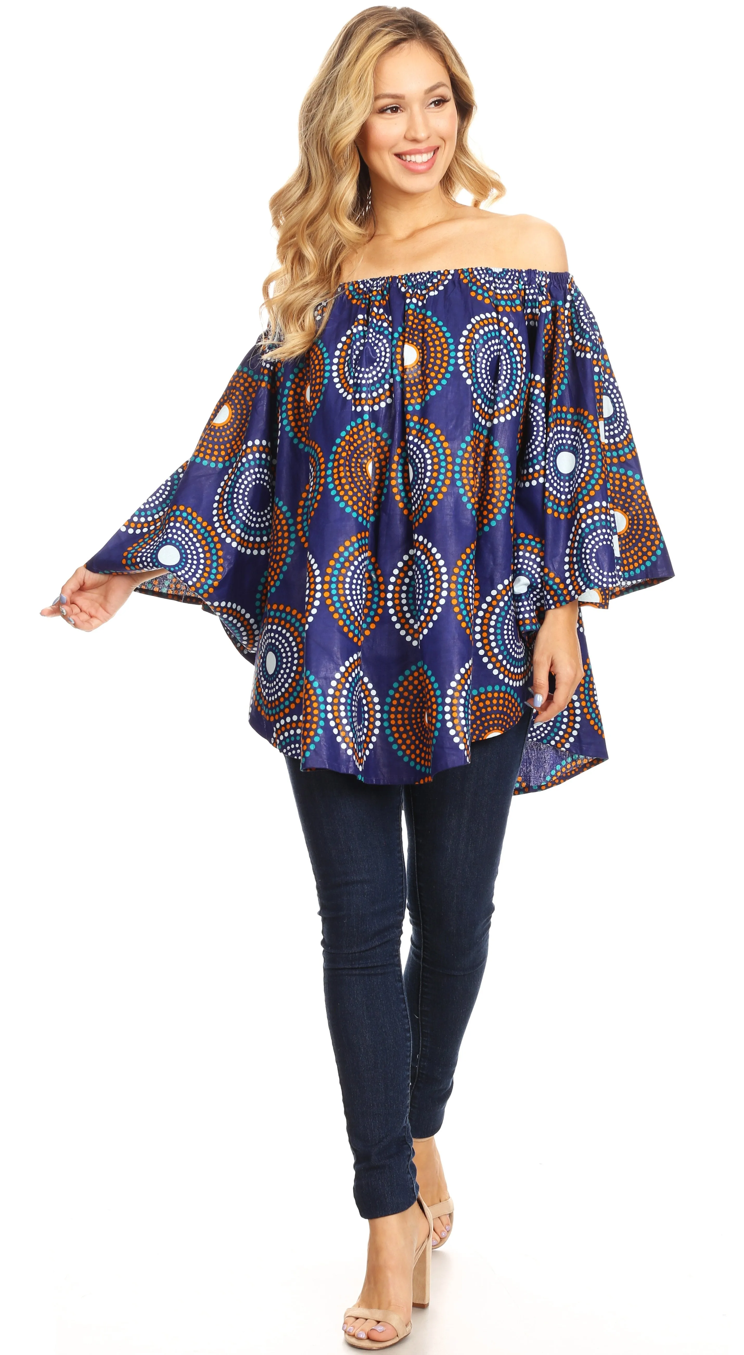 Sakkas Zane Off-shoulder Circle Poncho Top Blouse Relax Fit Elastic Neckline