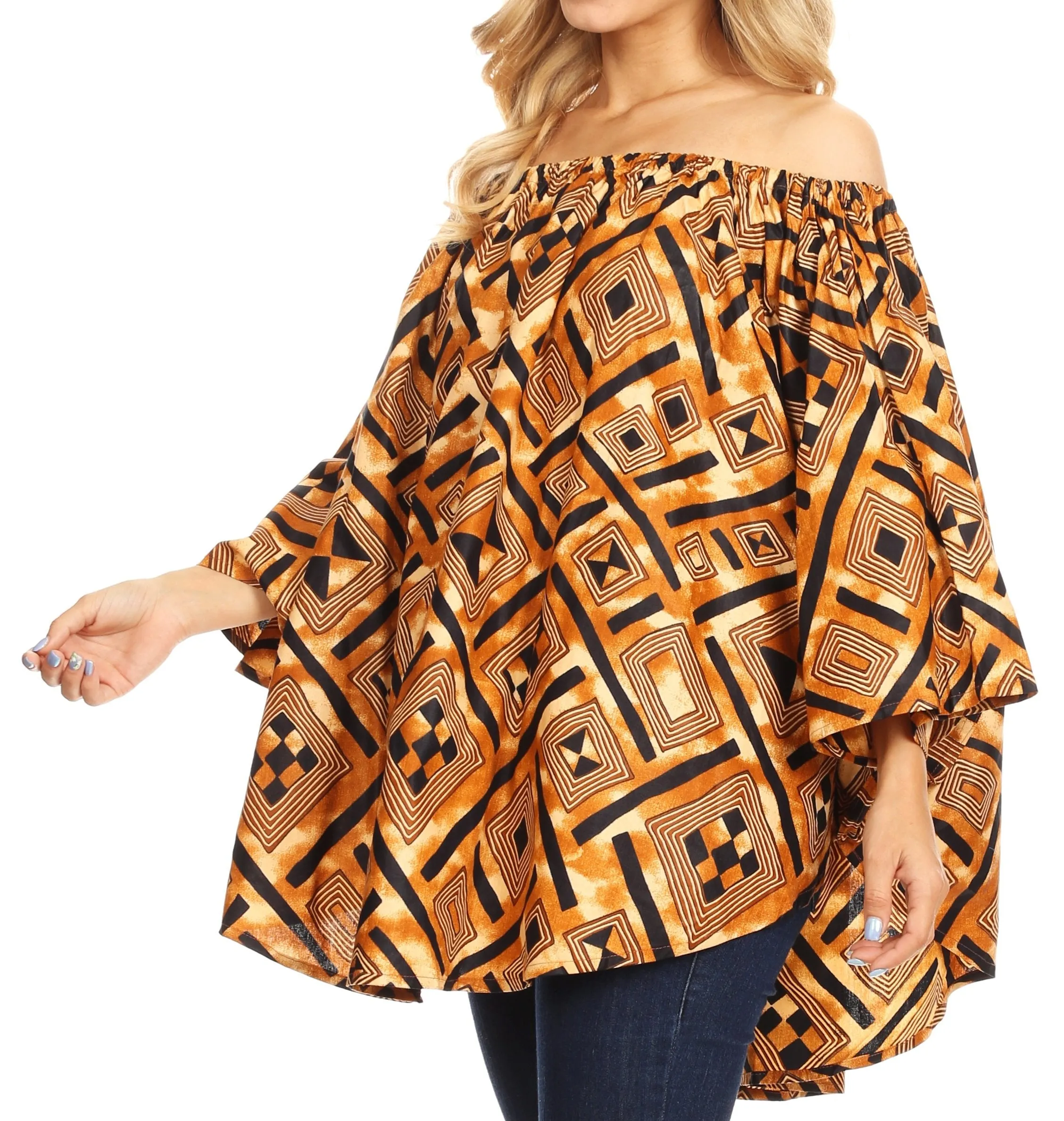 Sakkas Zane Off-shoulder Circle Poncho Top Blouse Relax Fit Elastic Neckline