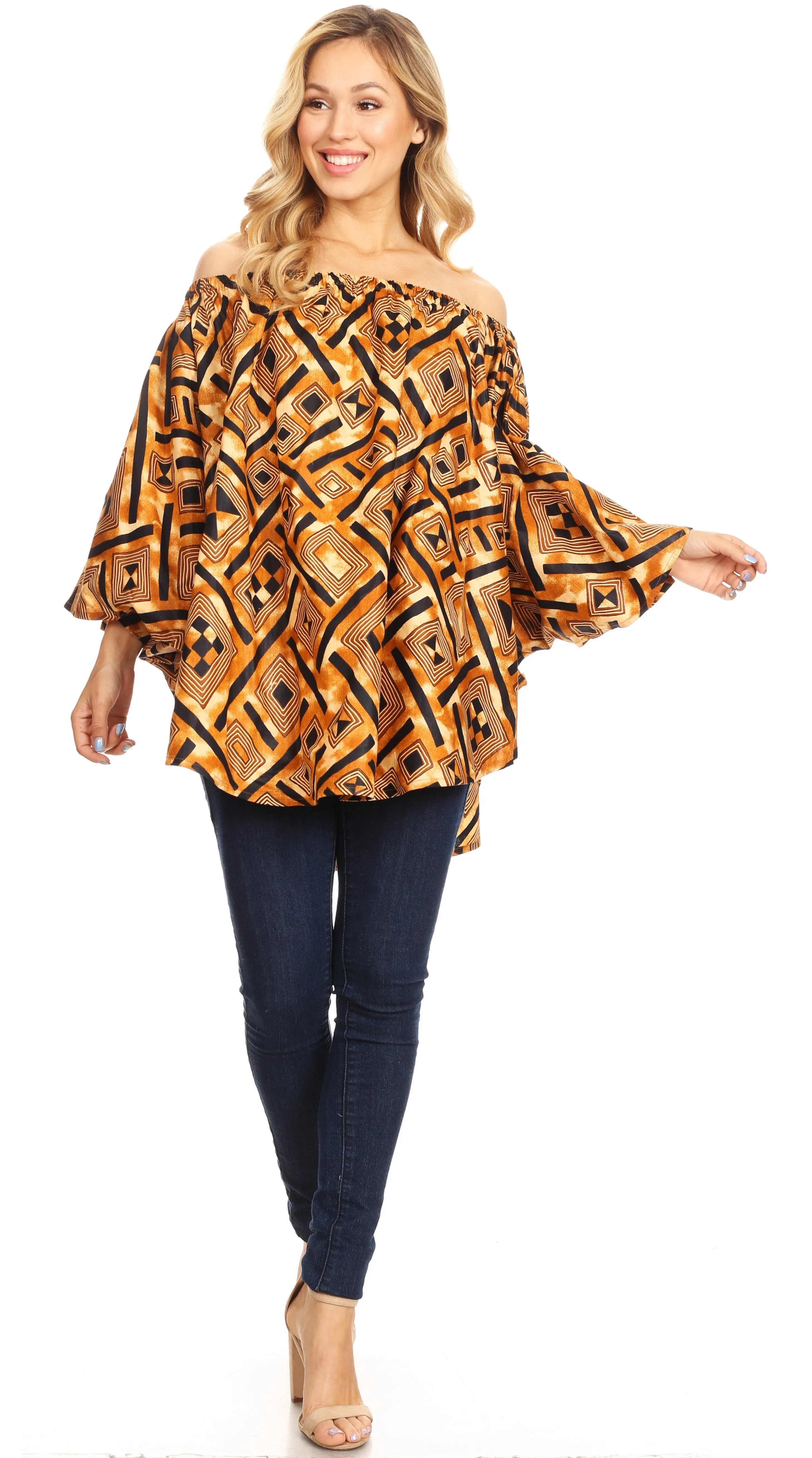 Sakkas Zane Off-shoulder Circle Poncho Top Blouse Relax Fit Elastic Neckline