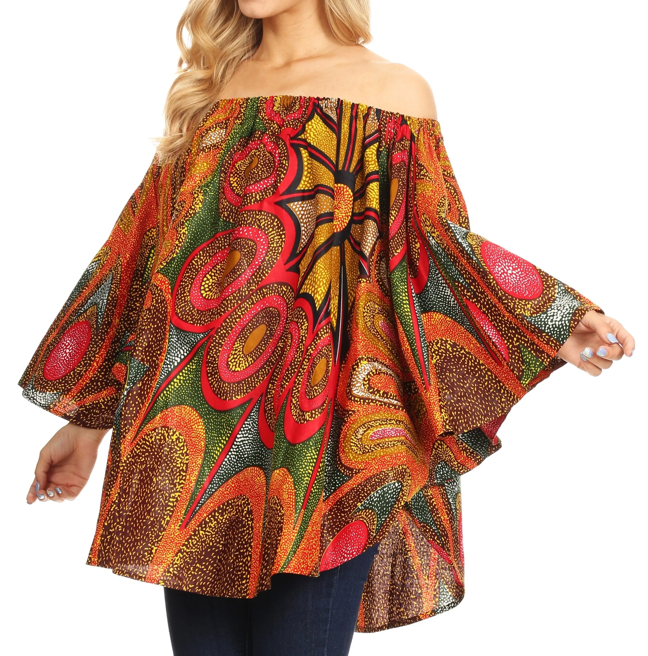 Sakkas Zane Off-shoulder Circle Poncho Top Blouse Relax Fit Elastic Neckline