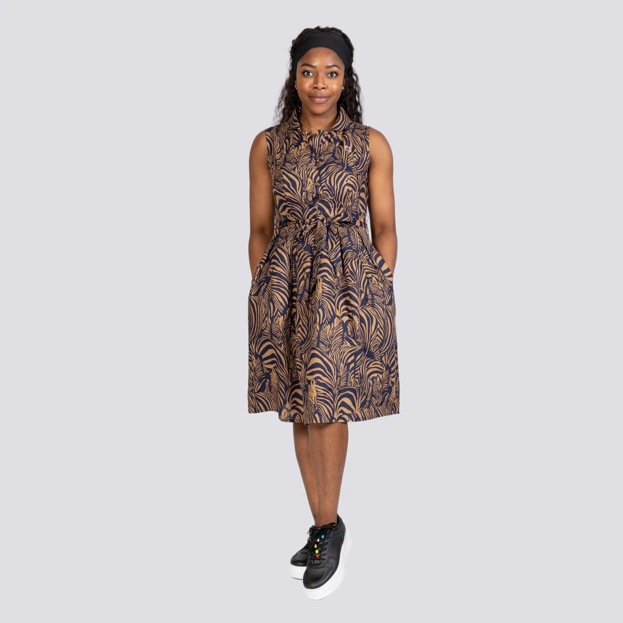 Sustainable Elegance: Eco-Friendly Navy Dress with Golden Enchantment