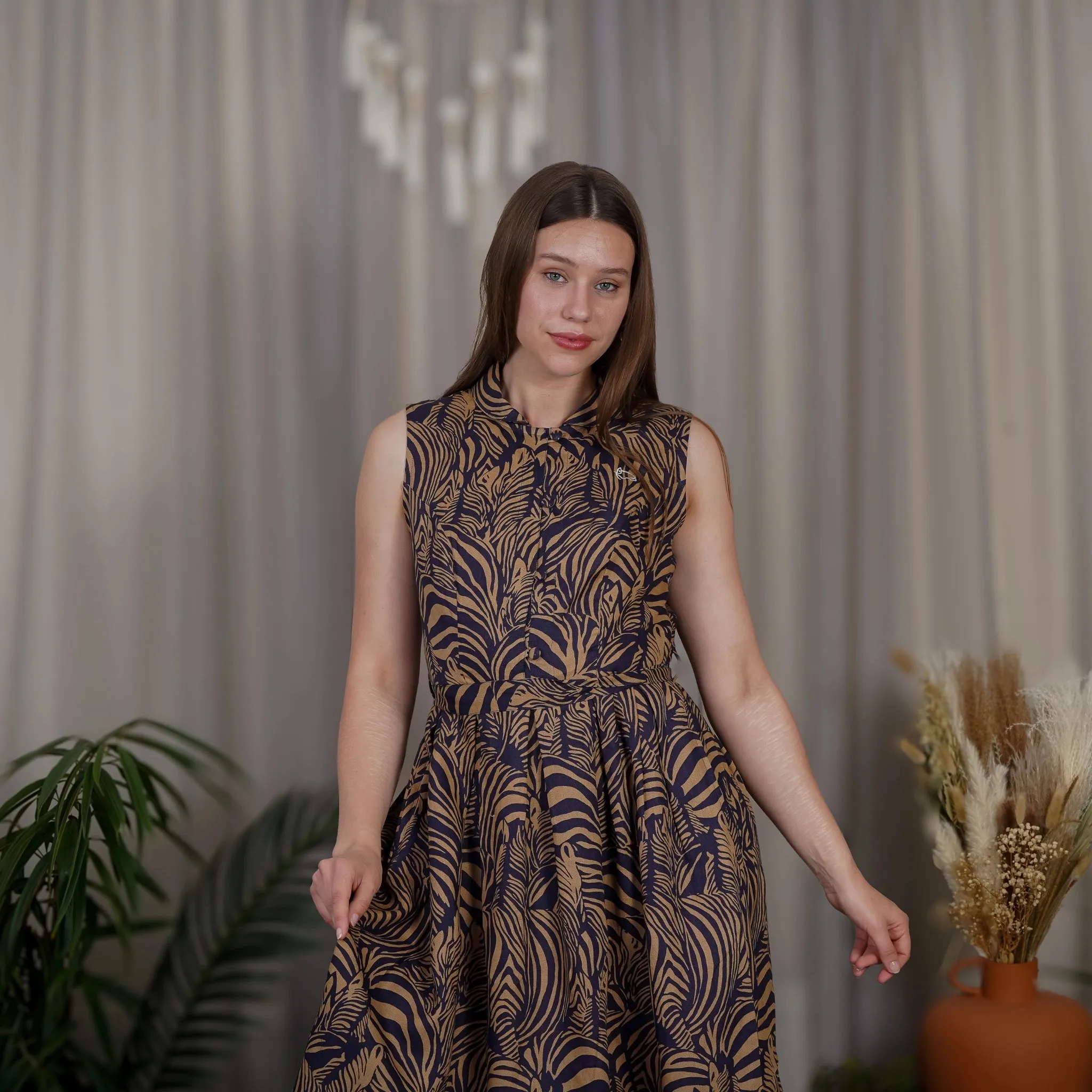 Sustainable Elegance: Eco-Friendly Navy Dress with Golden Enchantment