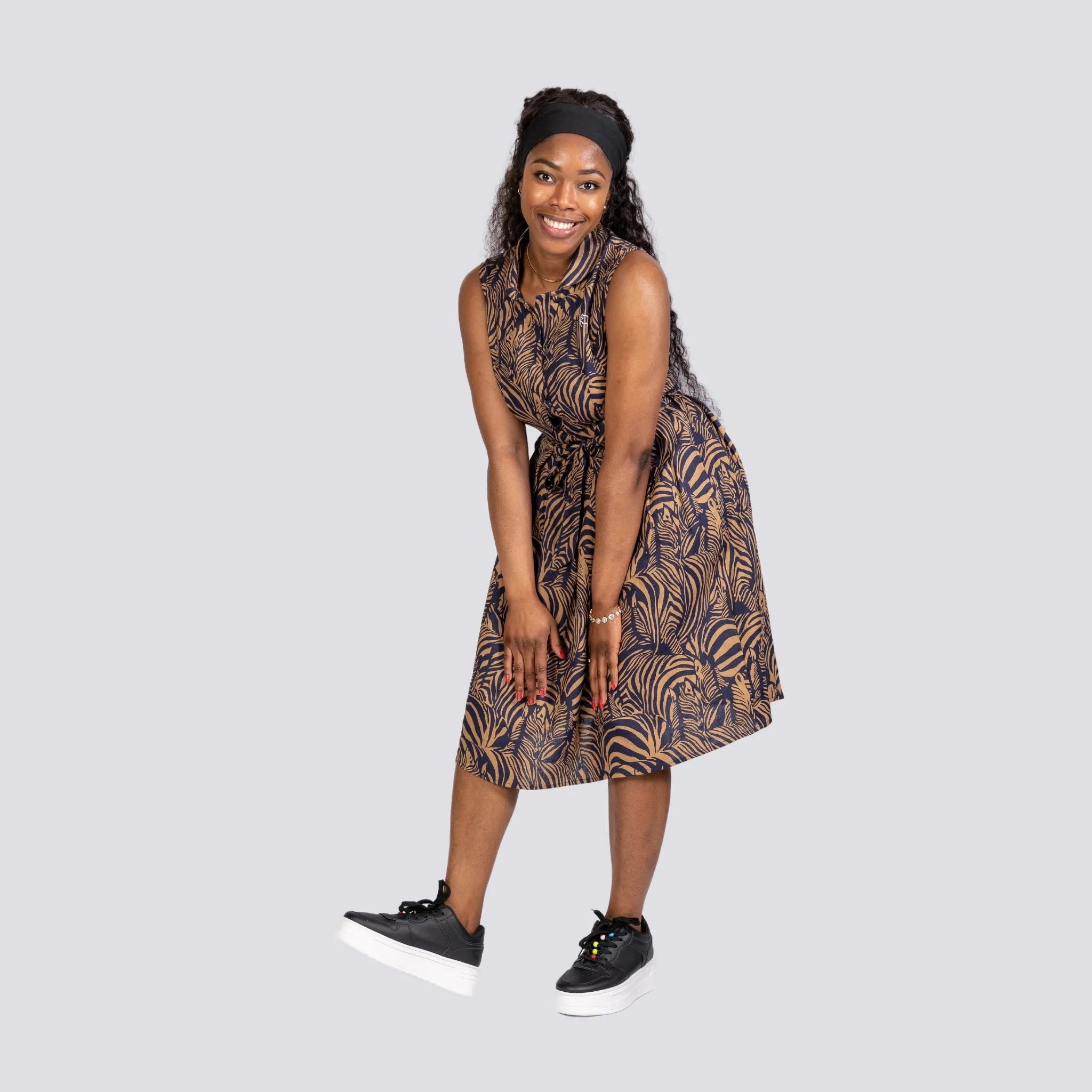 Sustainable Elegance: Eco-Friendly Navy Dress with Golden Enchantment