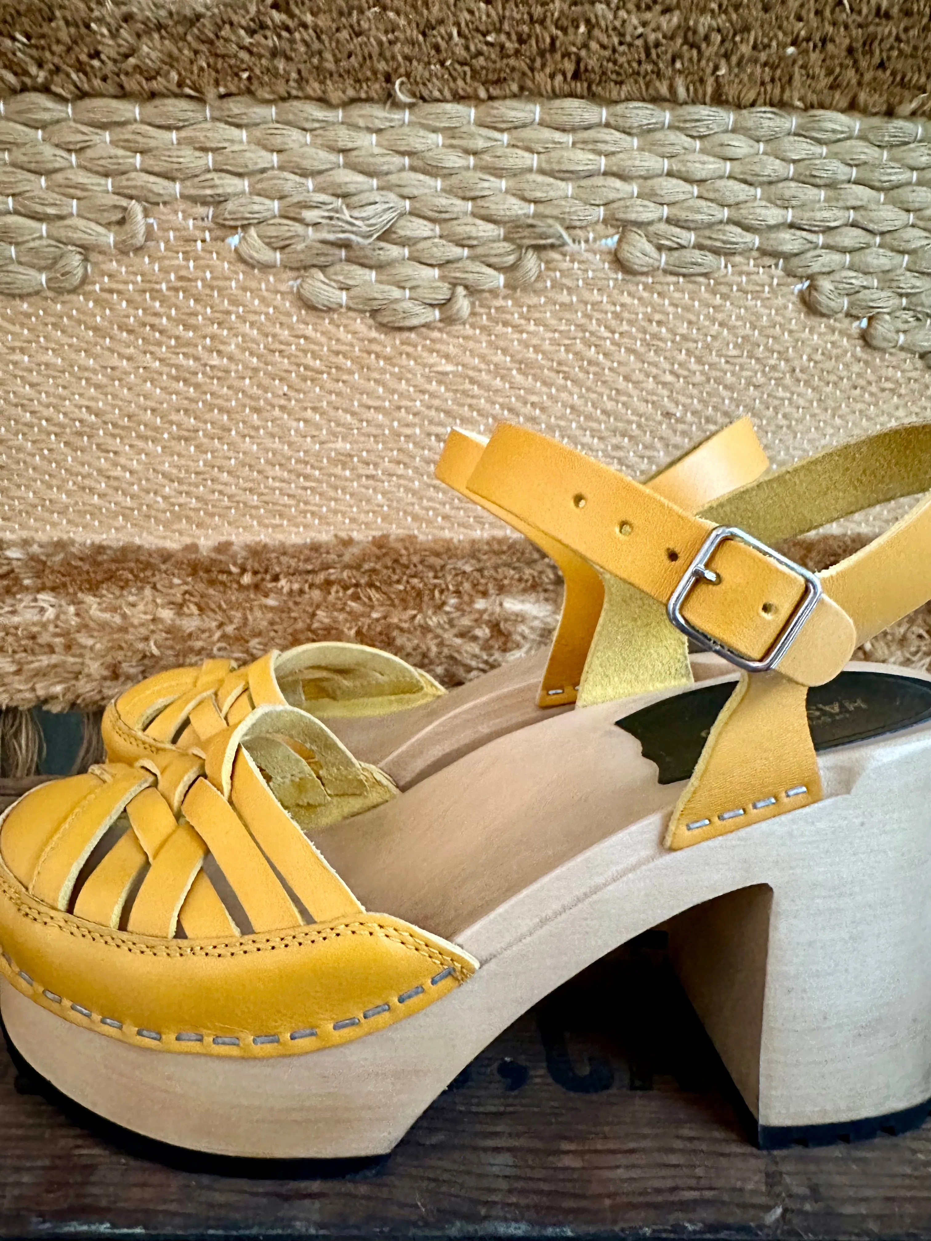 SWEDISH HASBEENS Yellow Wood Platforms • Women's Size 7