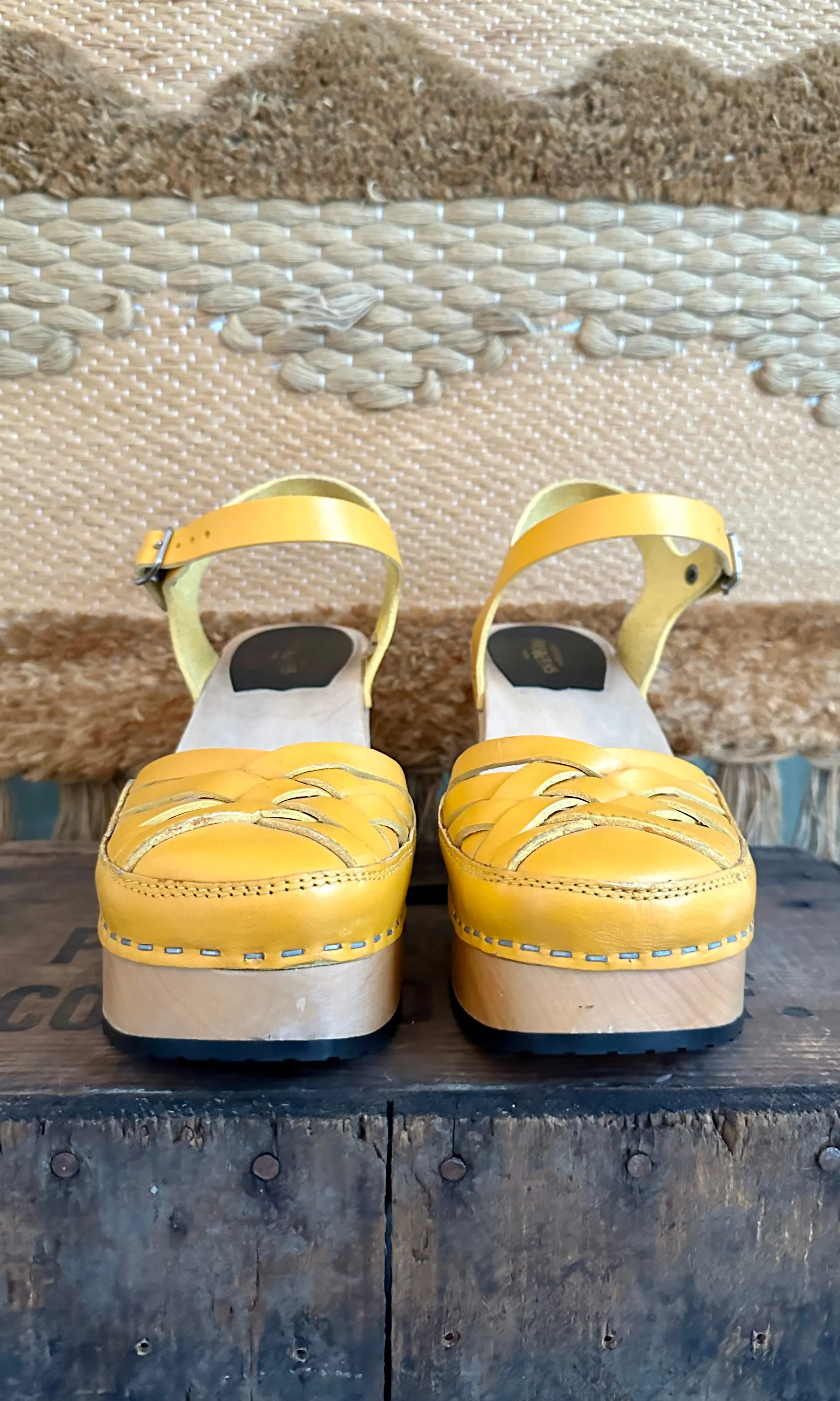 SWEDISH HASBEENS Yellow Wood Platforms • Women's Size 7