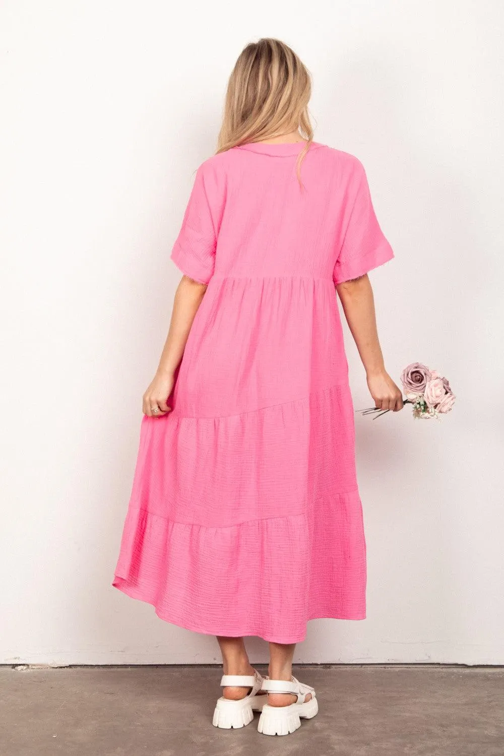 VERY J Soft Crinkle Gauze Short Sleeve Midi Dress