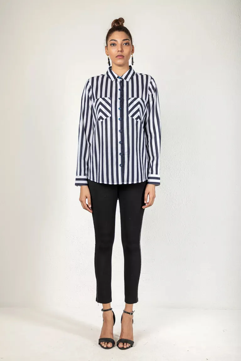 White & Blue Cotton Striped Shirt