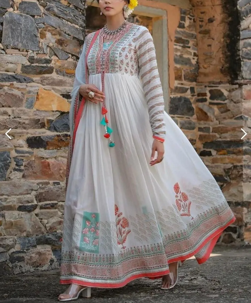 White Cotton Flared Kurti Set with Handwork & Tassels - Mul Dupatta Included