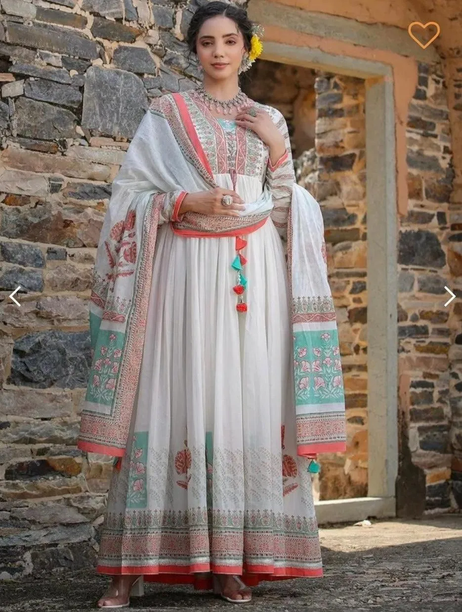 White Cotton Flared Kurti Set with Handwork & Tassels - Mul Dupatta Included