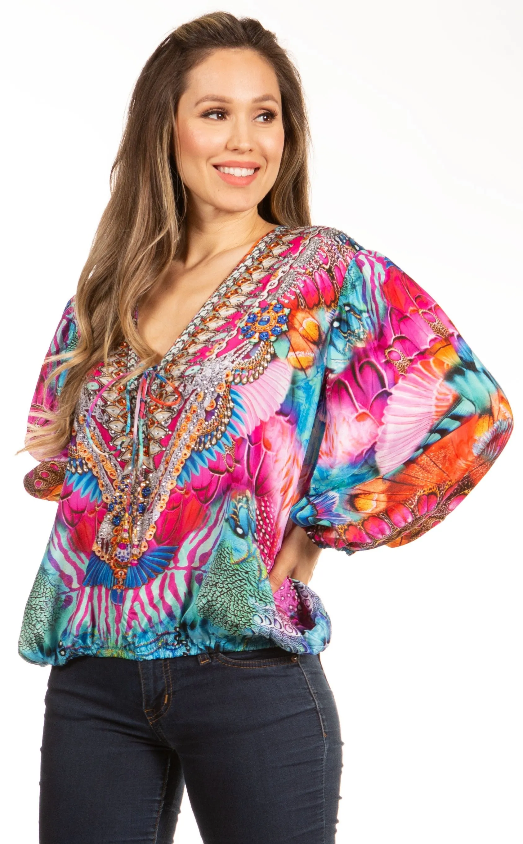 Women's Boho Floral Tunic Top with V-Neck and Elastic Sleeves by Sakkas Sante