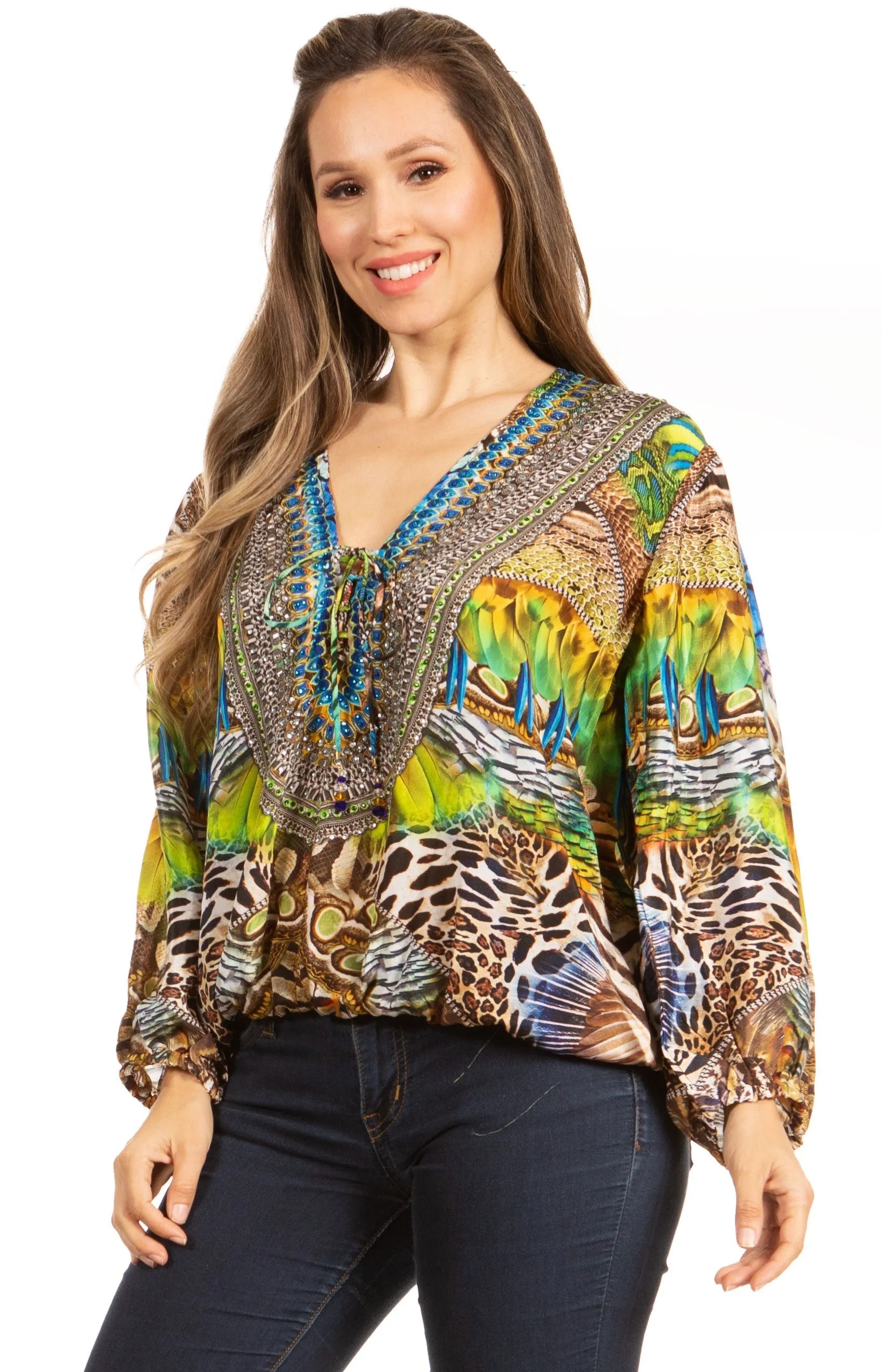 Women's Boho Floral Tunic Top with V-Neck and Elastic Sleeves by Sakkas Sante