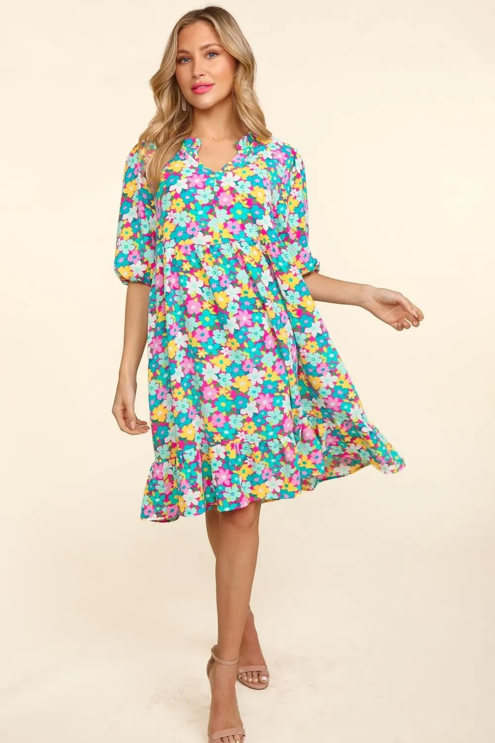 Women's Haptics Bubble Sleeve Floral Ruffled Dress