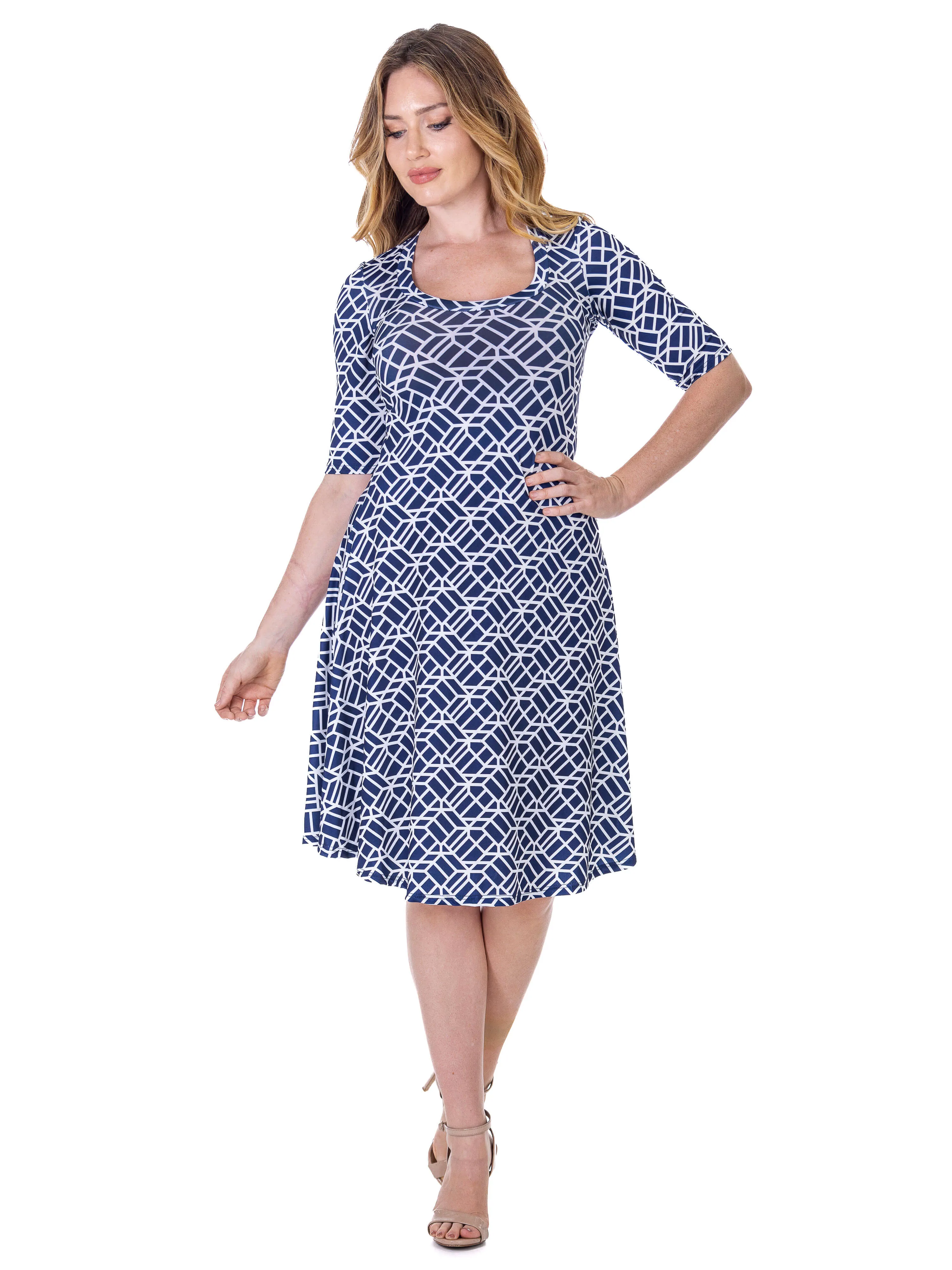 Womens Navy Geometric Print Knee Length Elbow Sleeve Dress